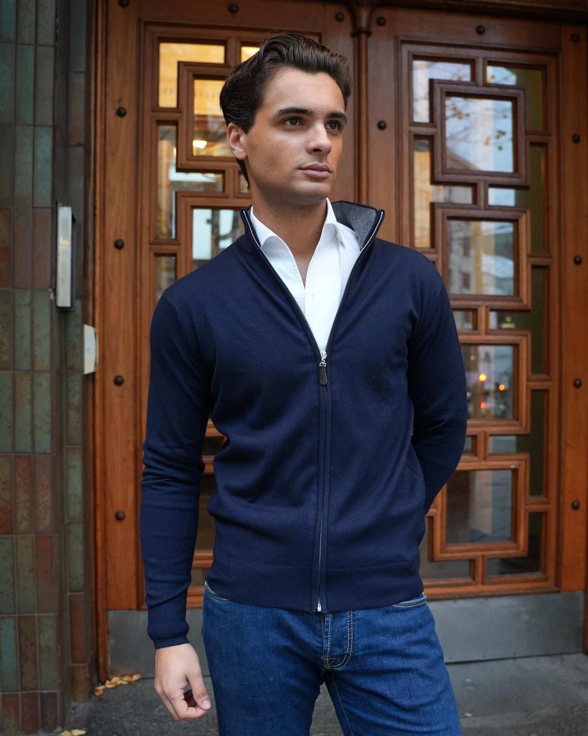 Full Zip Cashmere Blend - Navy