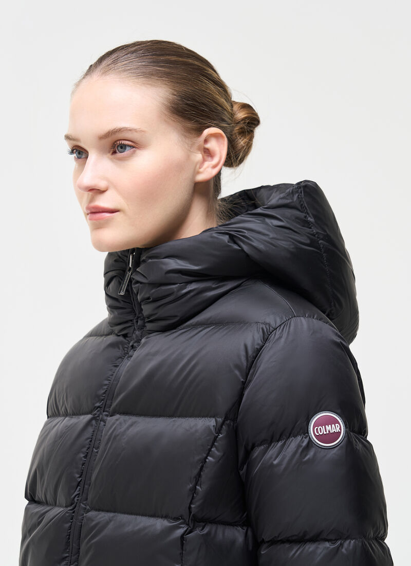 Long Down Jacket with Hood - Black