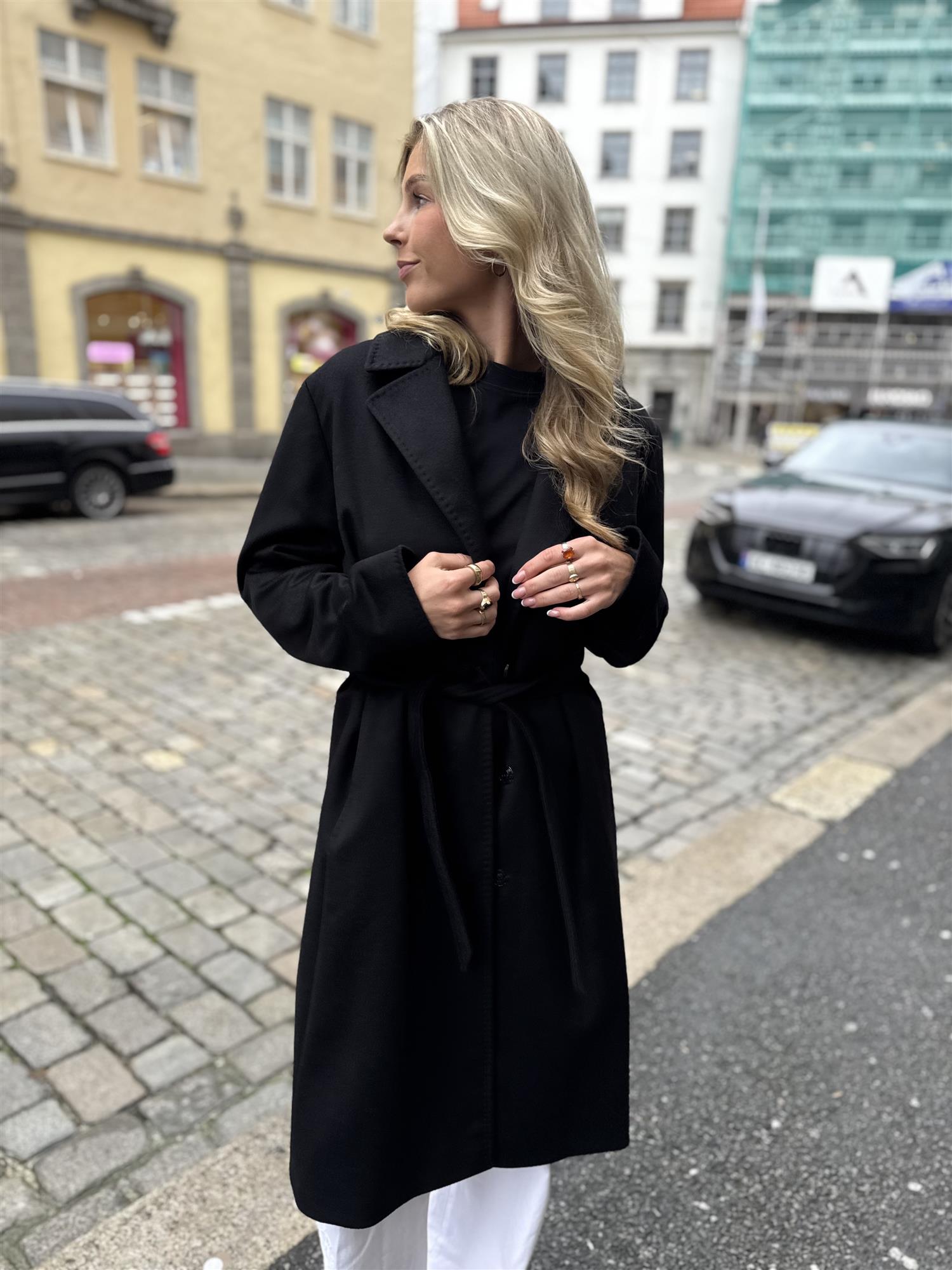 Long Coat Black Belt and Buttons