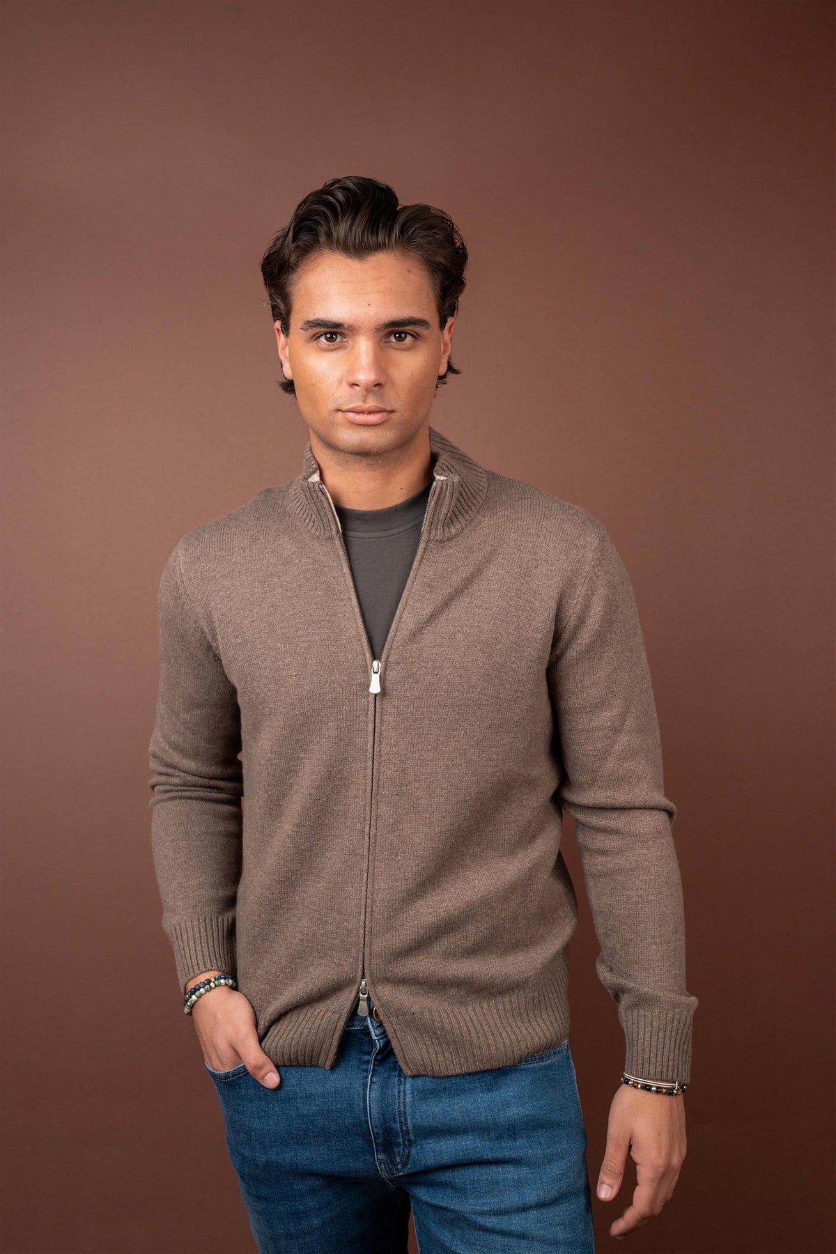 Full Zip Cardigan Wool - Cashmere - Brown