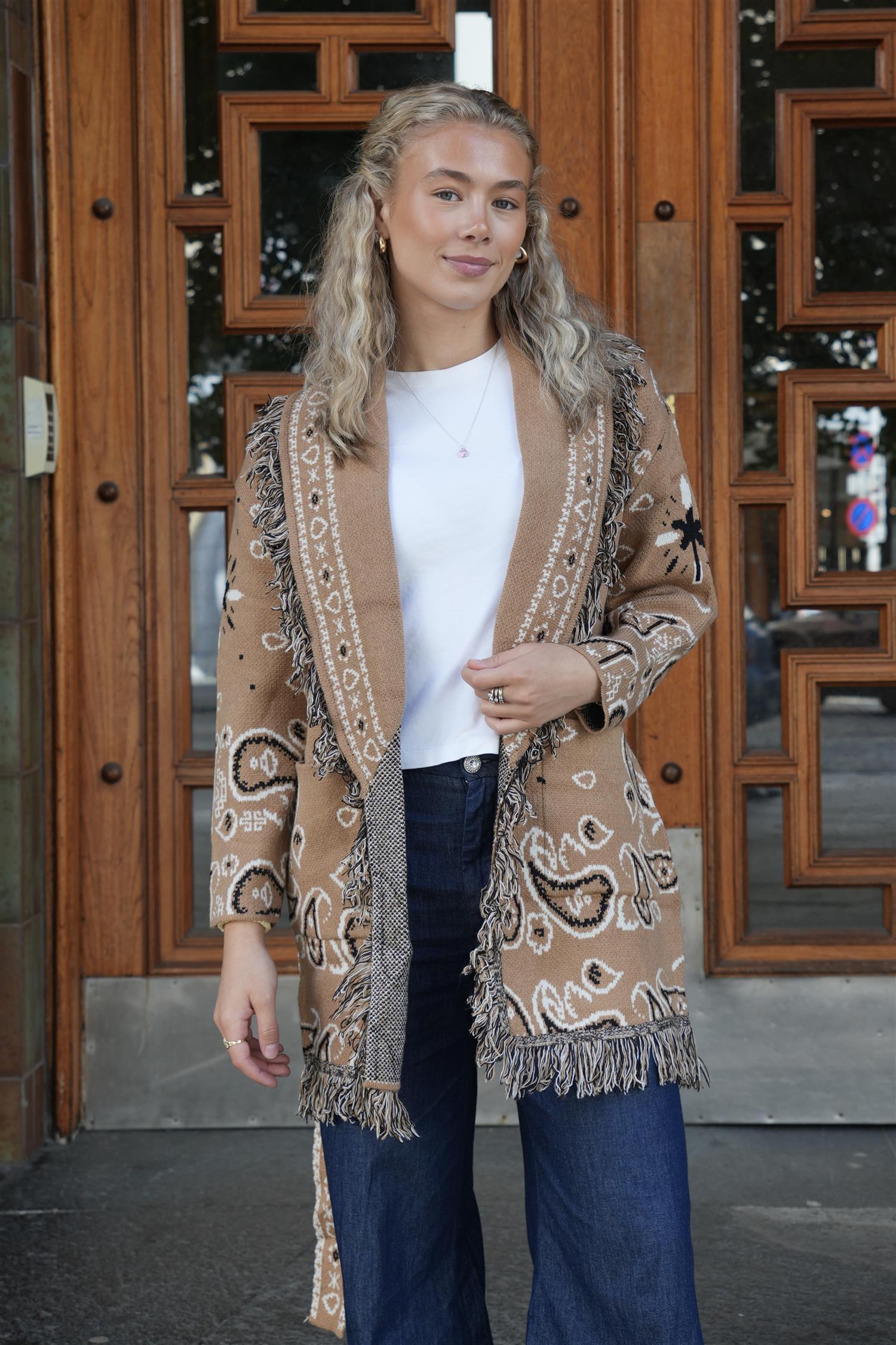 Long Fringed Paisley Jacket - Camel
