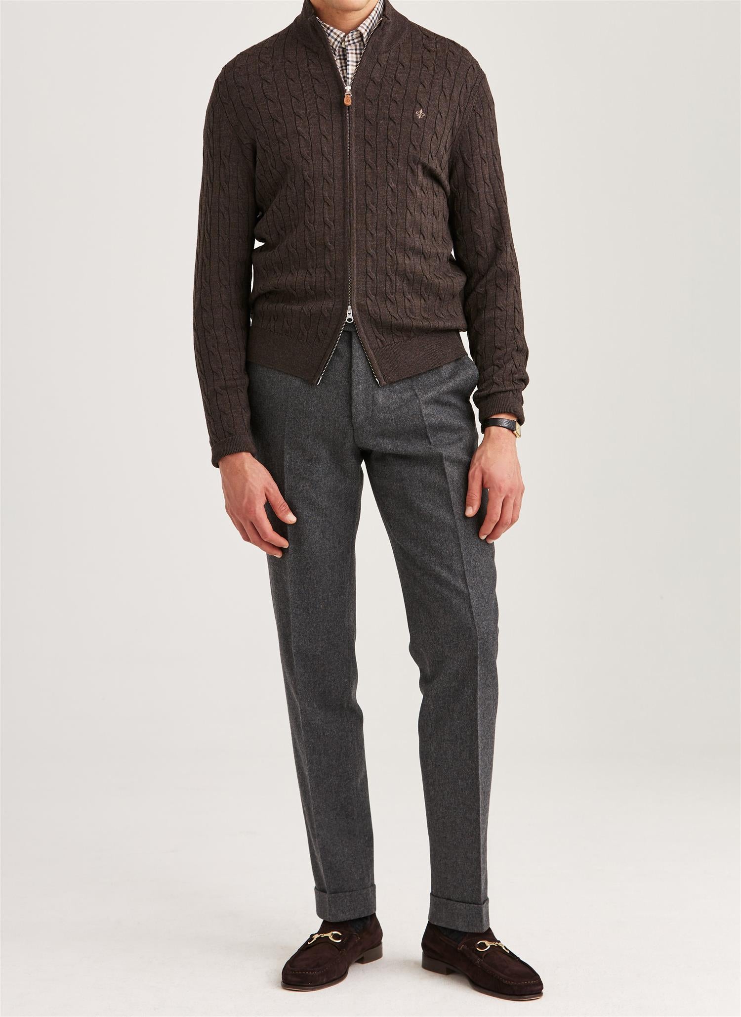 Merino Cable Zip Cardigan - Brown