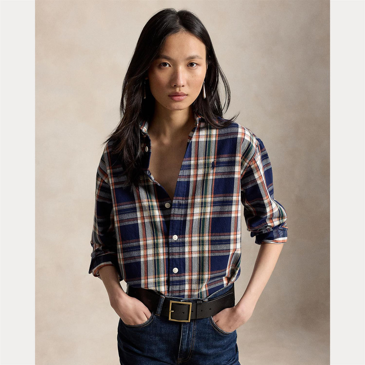 Relaxed Fit Plaid Cotton Shirt – Navy/Orange Multi