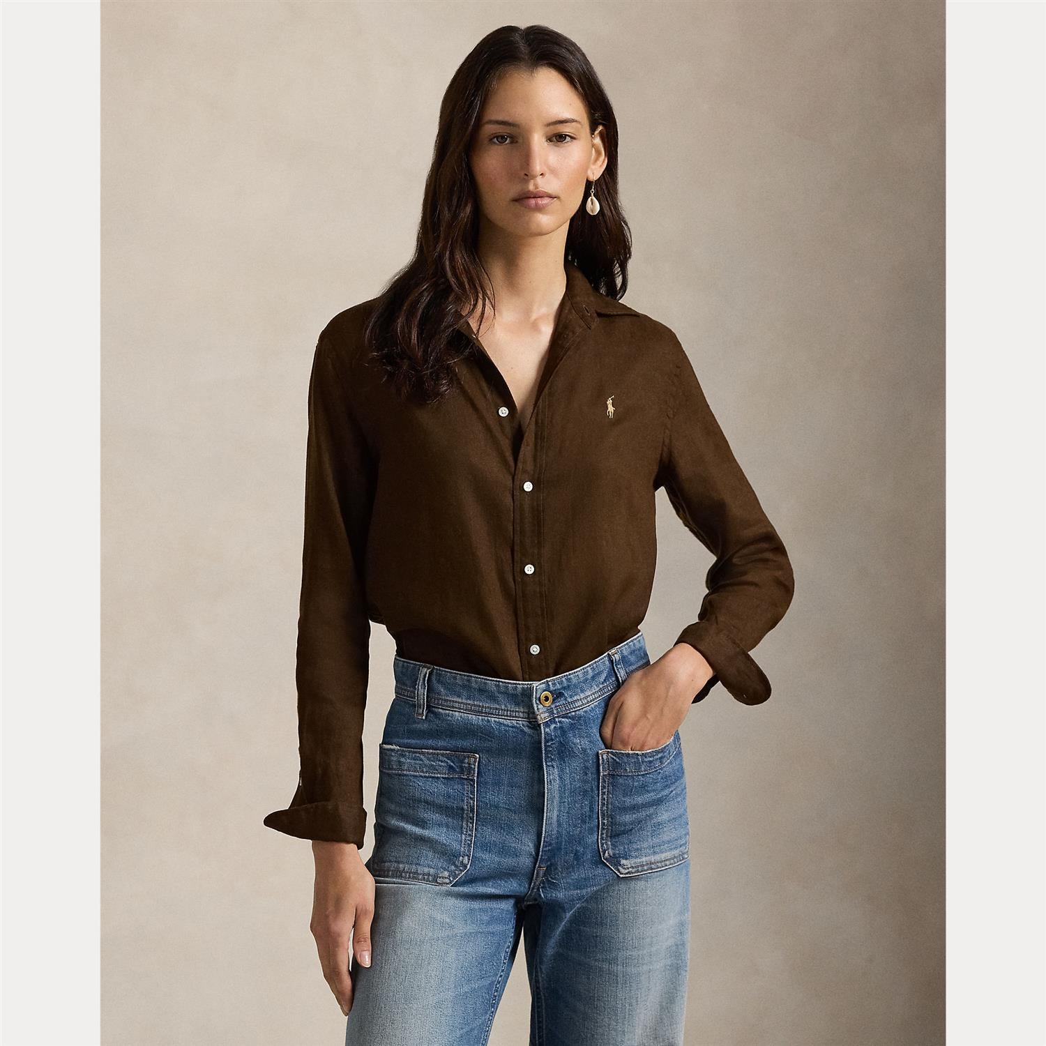 Classic-Long Sleeve-Button Front Shirt Dark Brown