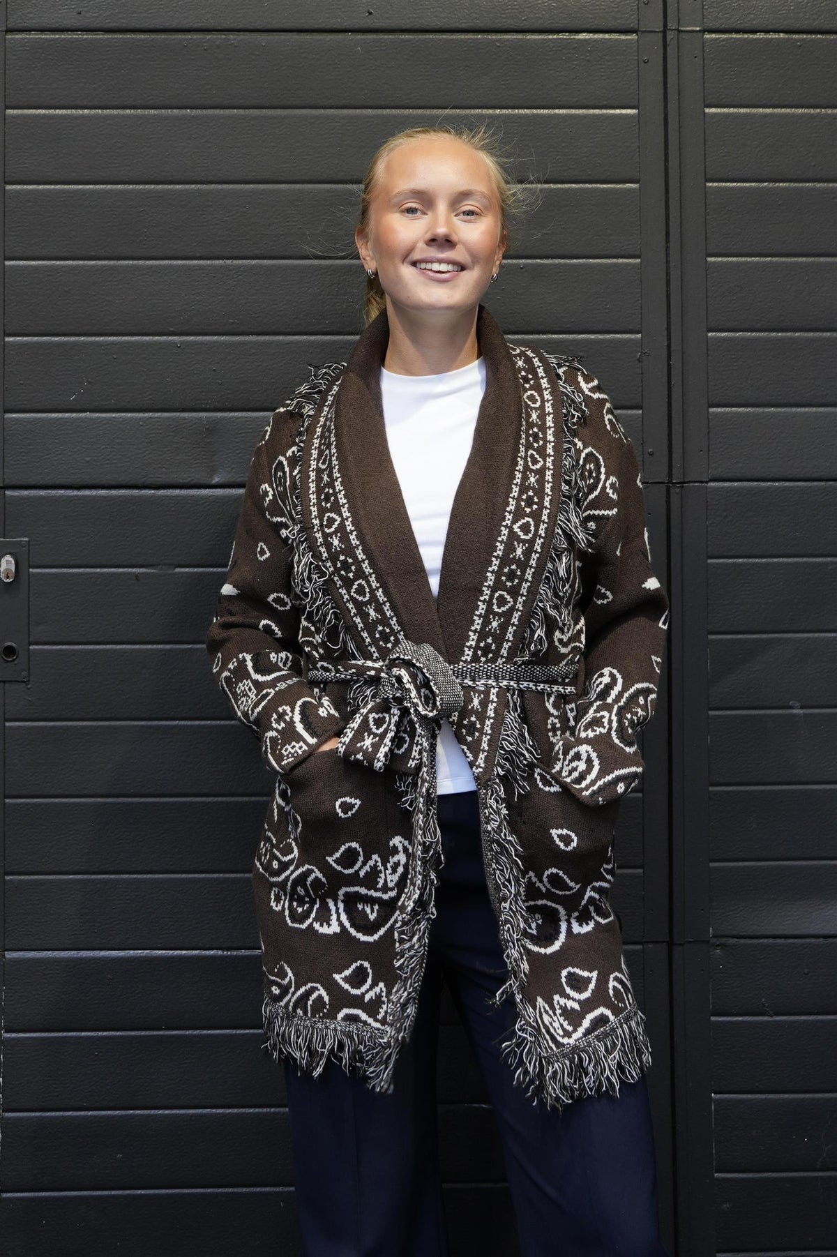 Long Fringed Paisley Jacket - Brown