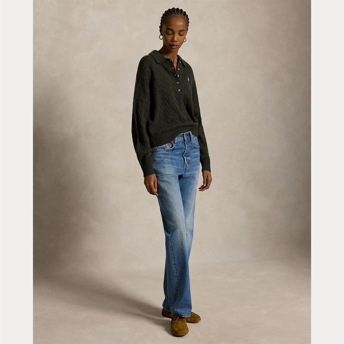 Cable Wool-Cashmere Polo Sweater Olive Umber Heather