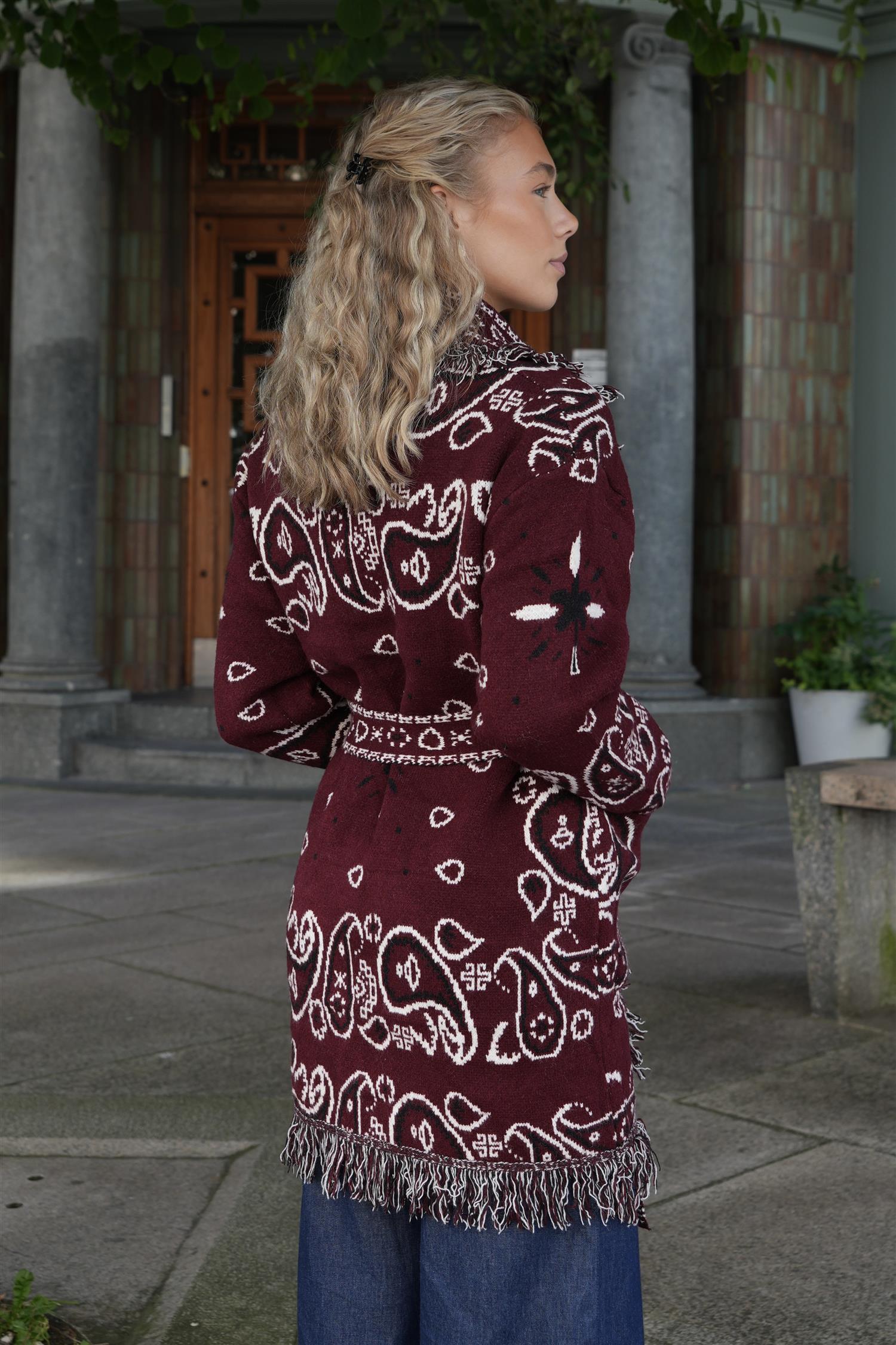 Long Fringed Paisley Jacket - Bordeaux