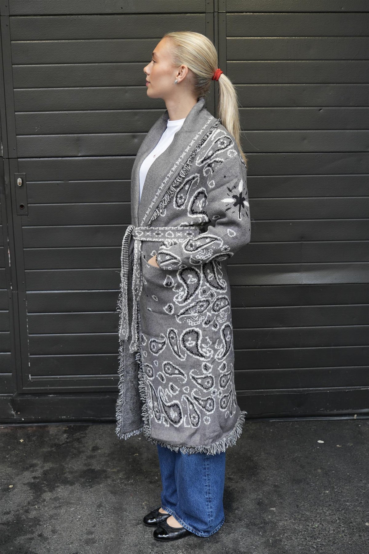 Fringed Paisley Jacket Maxi - Grey