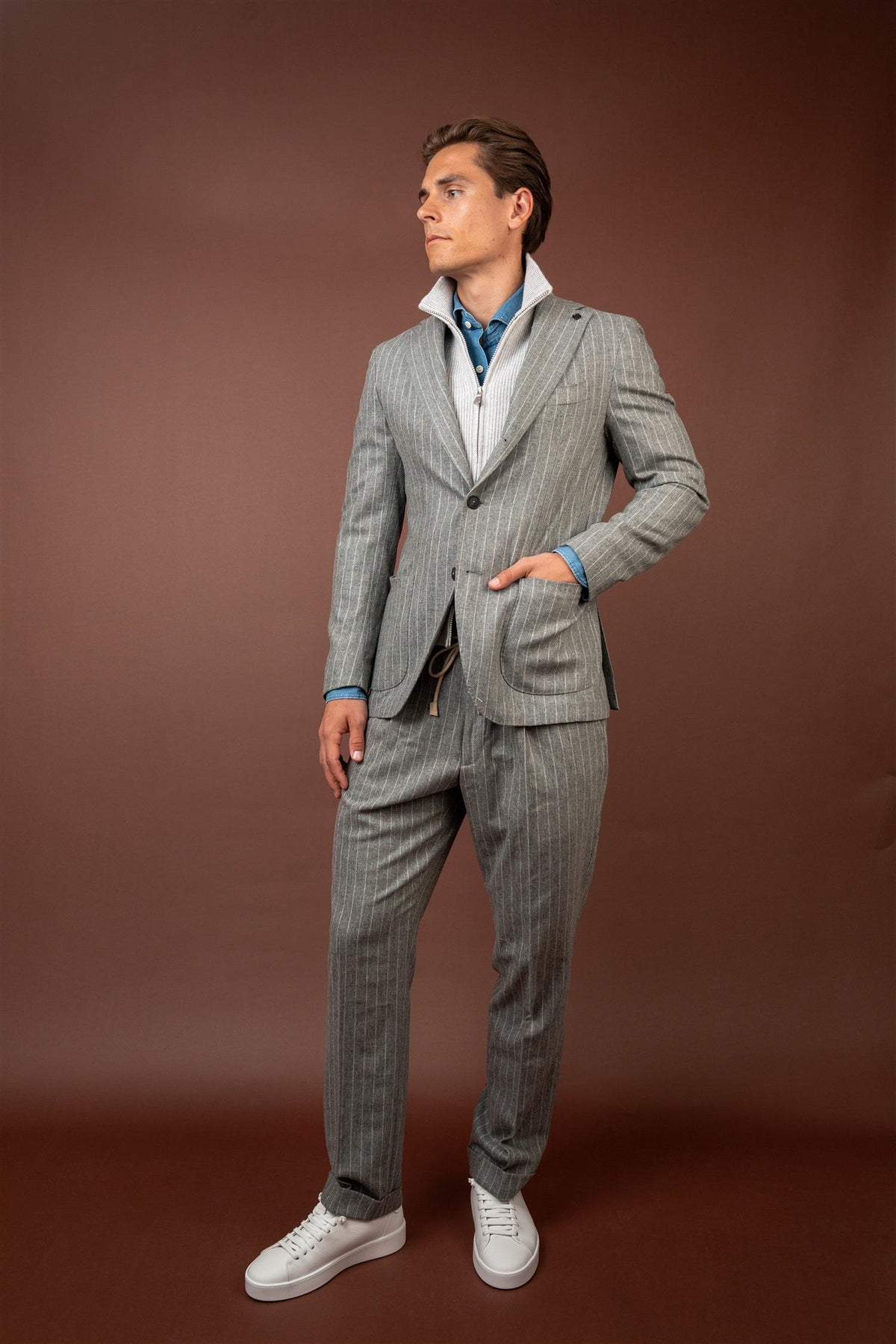 Zip Front Blazer - Pinstripe Grey
