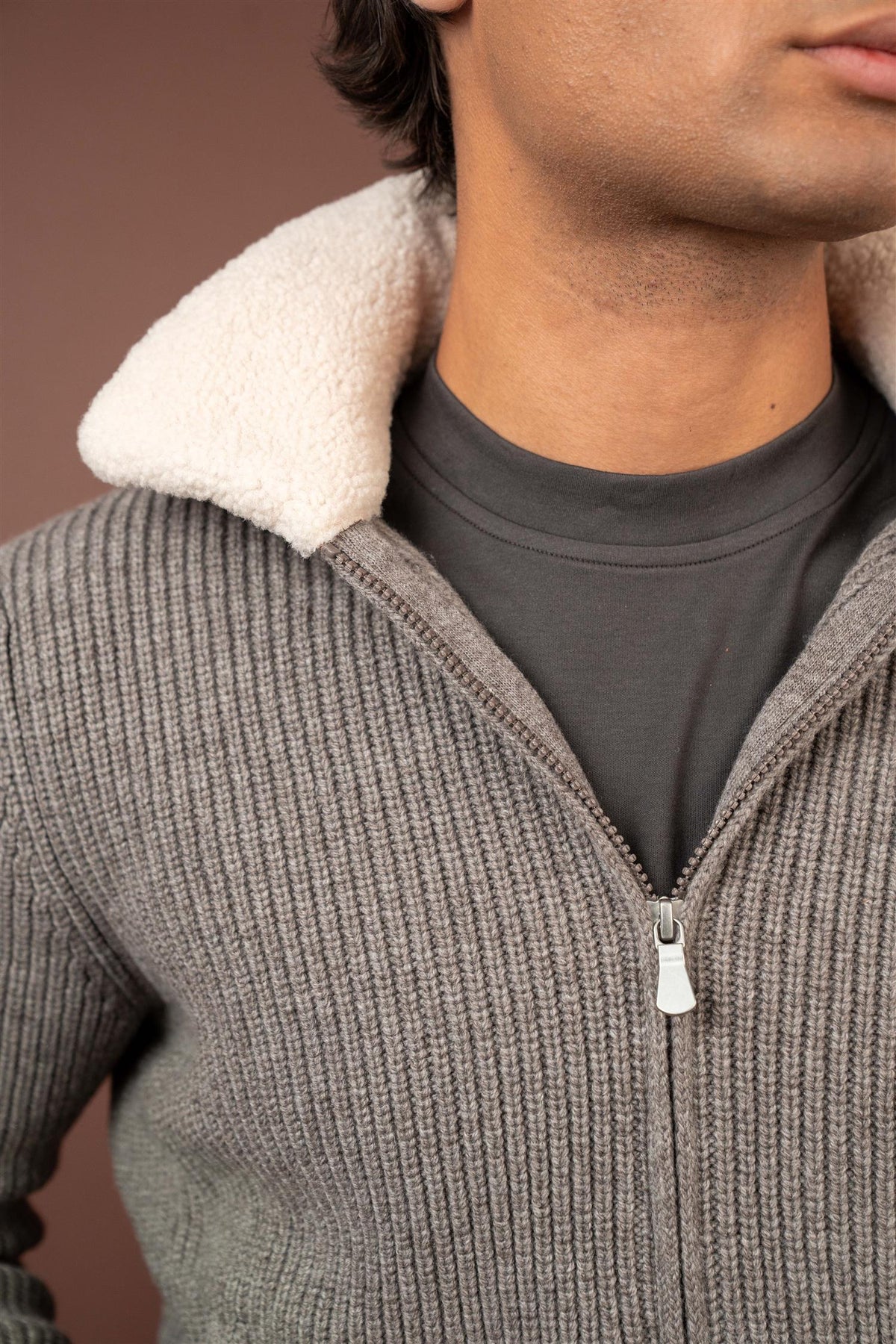Full Zip Cardigan Sherpa Collar - Taupe