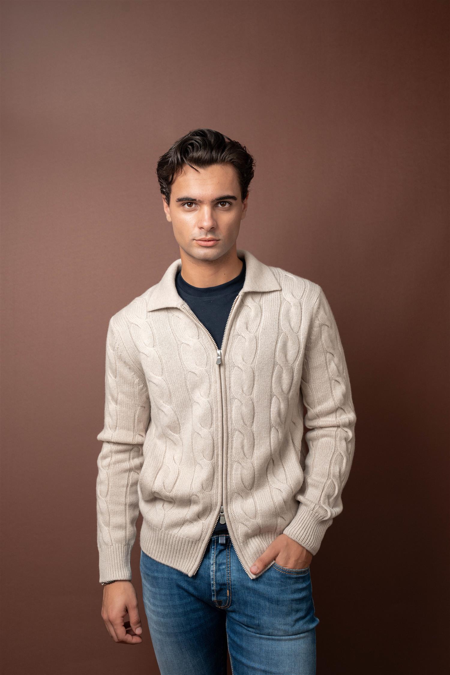 Full Zip Cable Cashmere - Beige