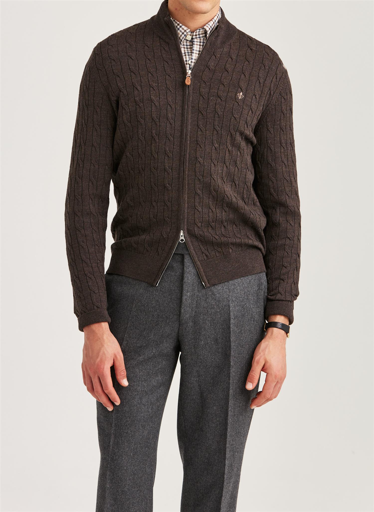Merino Cable Zip Cardigan - Brown