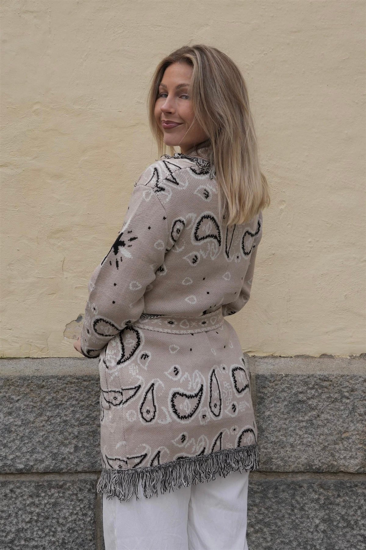 Long Fringed Paisley Jacket - Beige