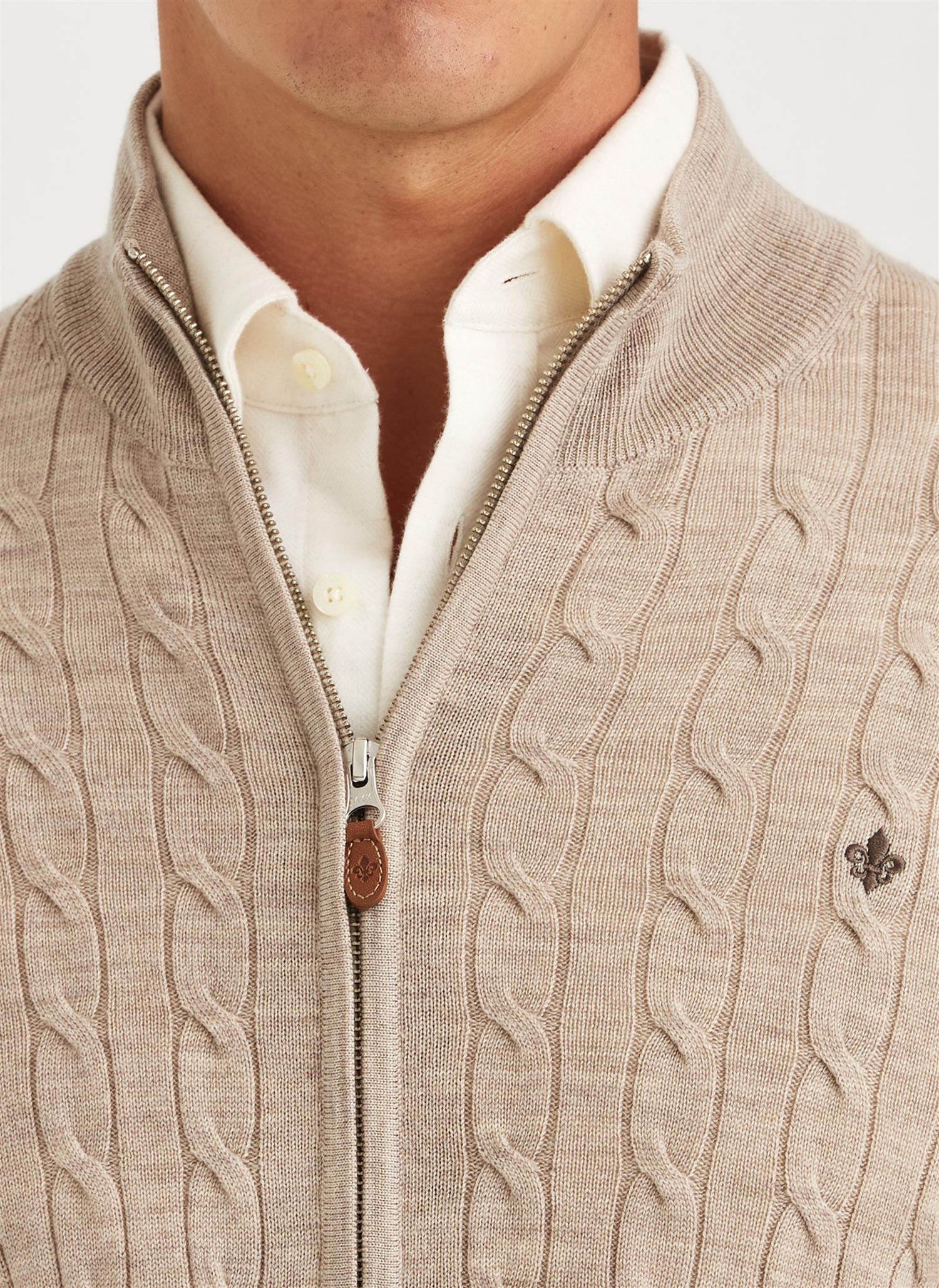 Merino Cable Zip Cardigan - Khaki
