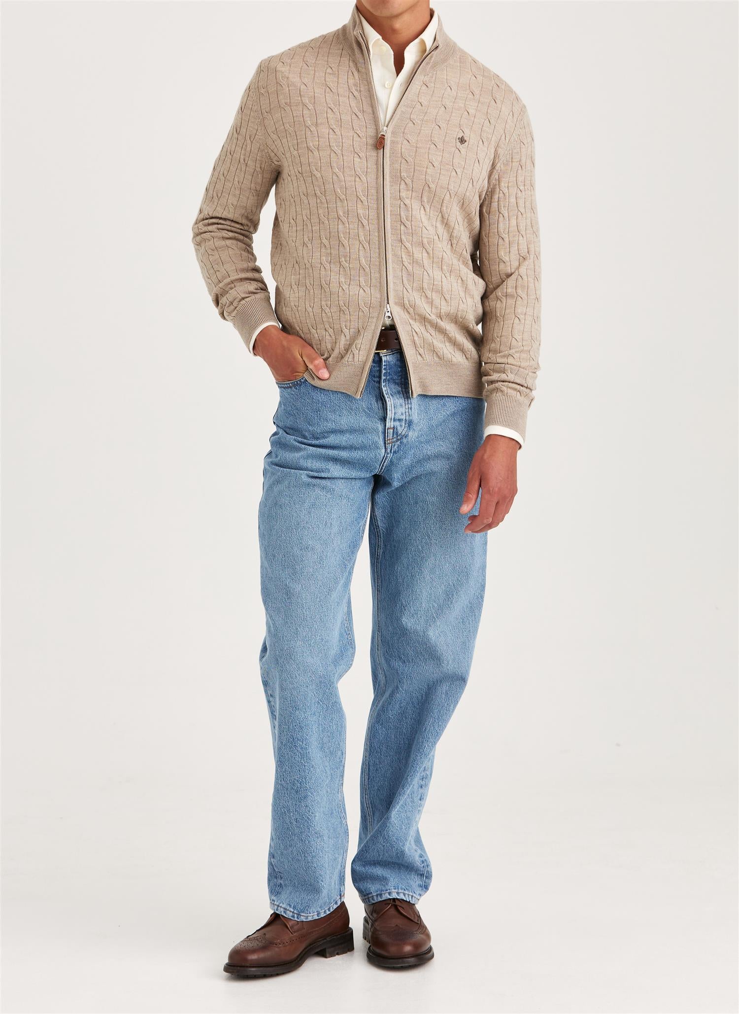 Merino Cable Zip Cardigan - Khaki