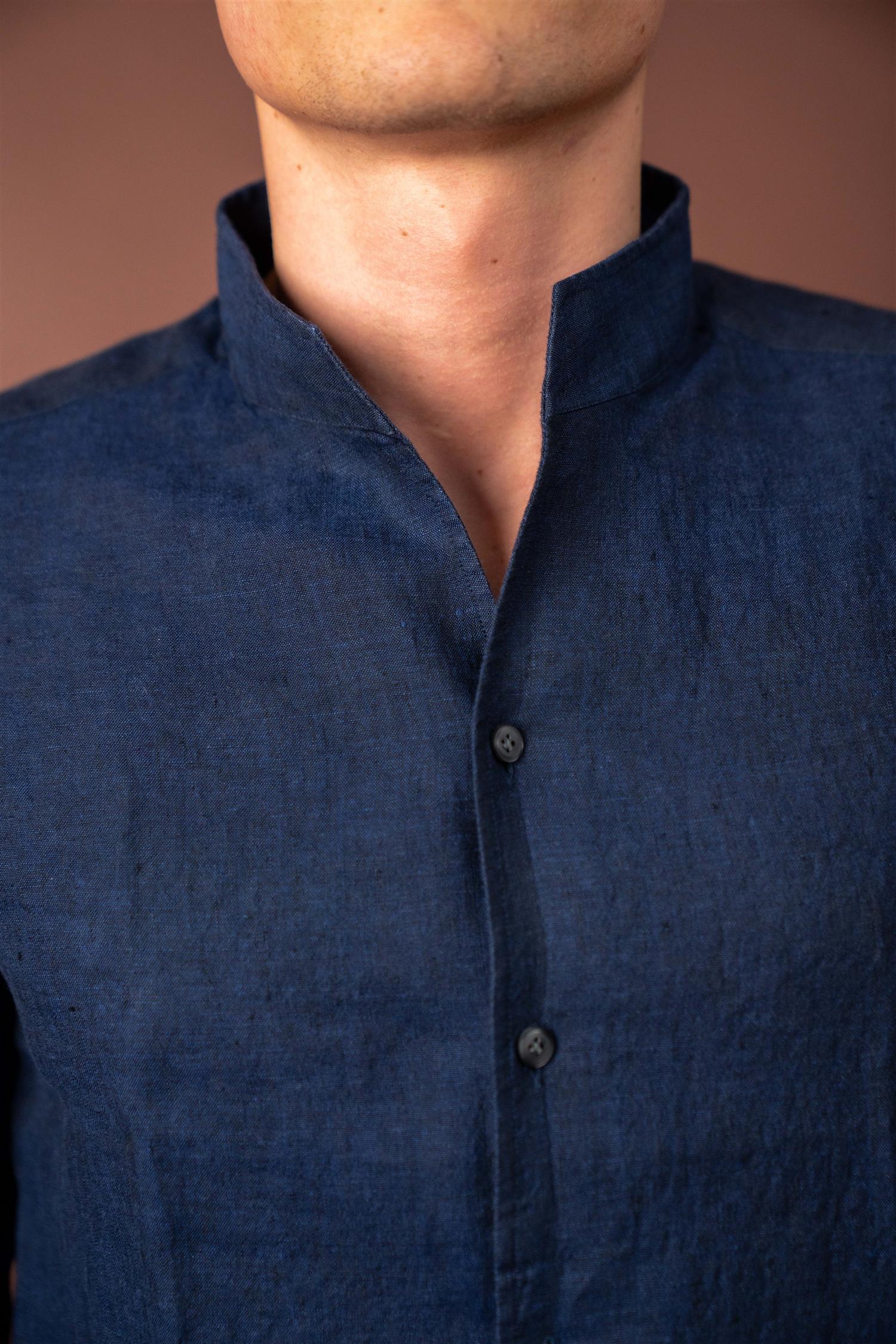 No Collar Linen - Navy