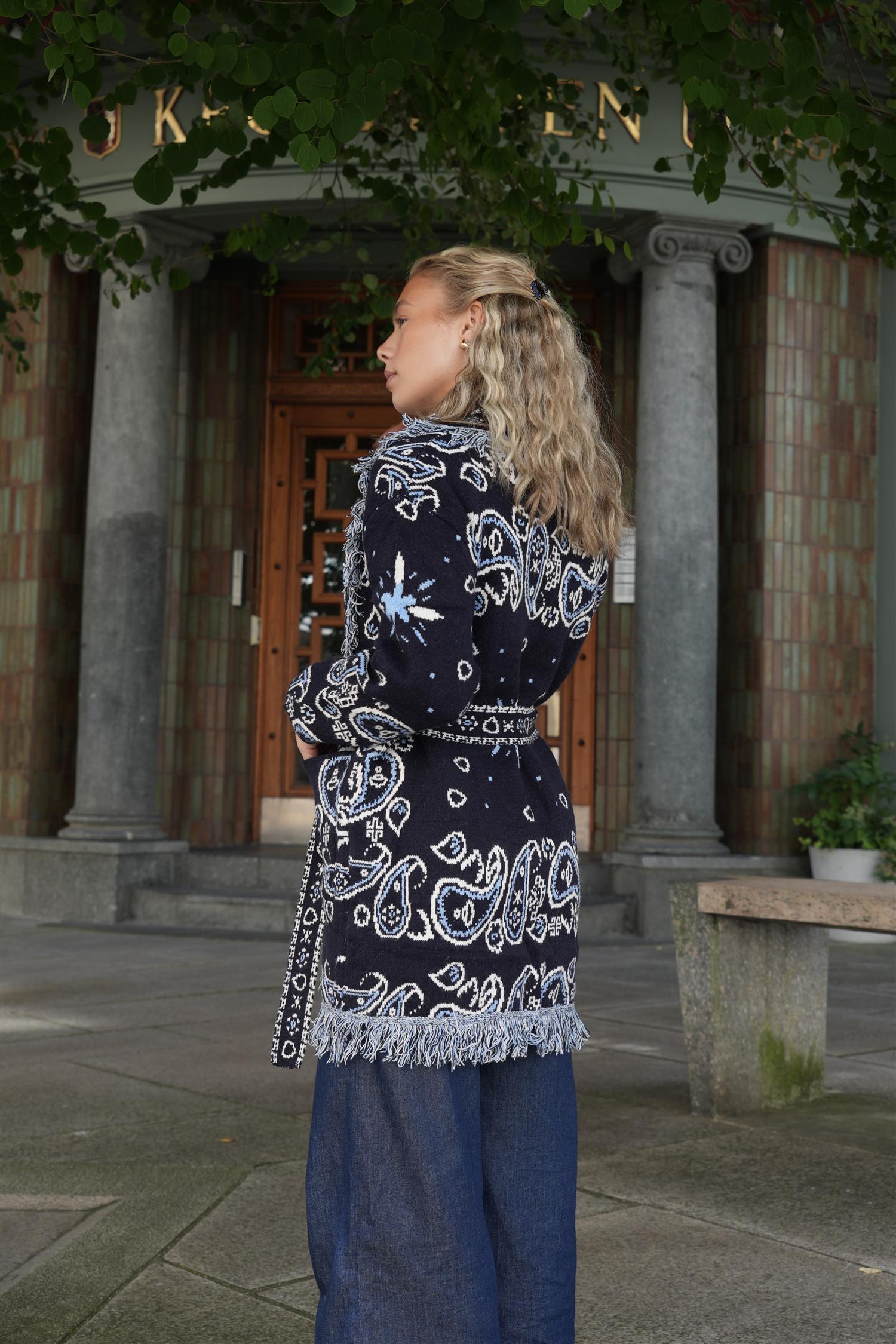 Long Fringed Paisley Jacket - Navy