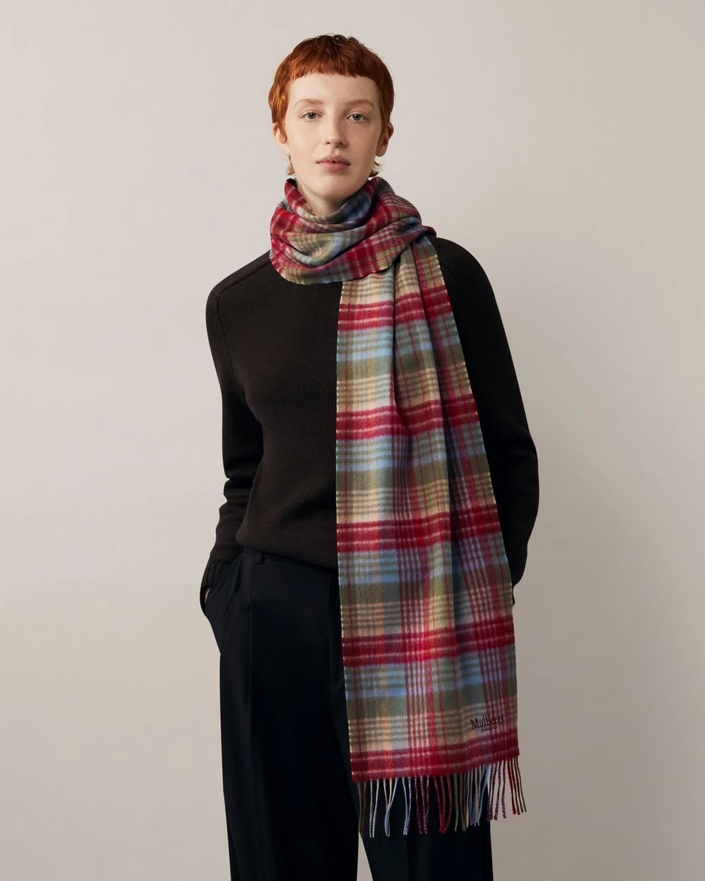 Mulberry Heritage Check Scarf Moss-Sky Blue