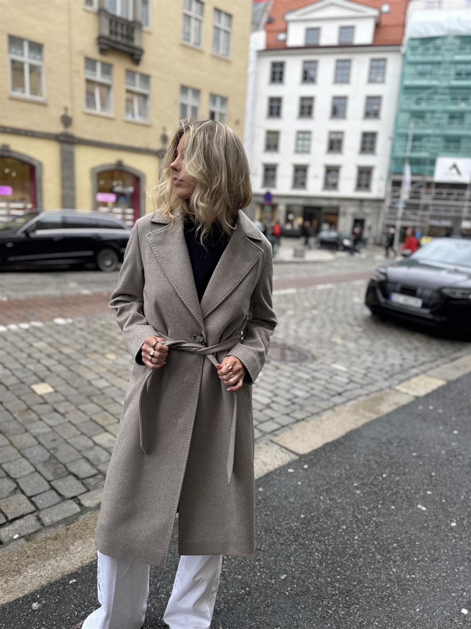 Long Coat Cacha Grey Brown Belt and Buttons