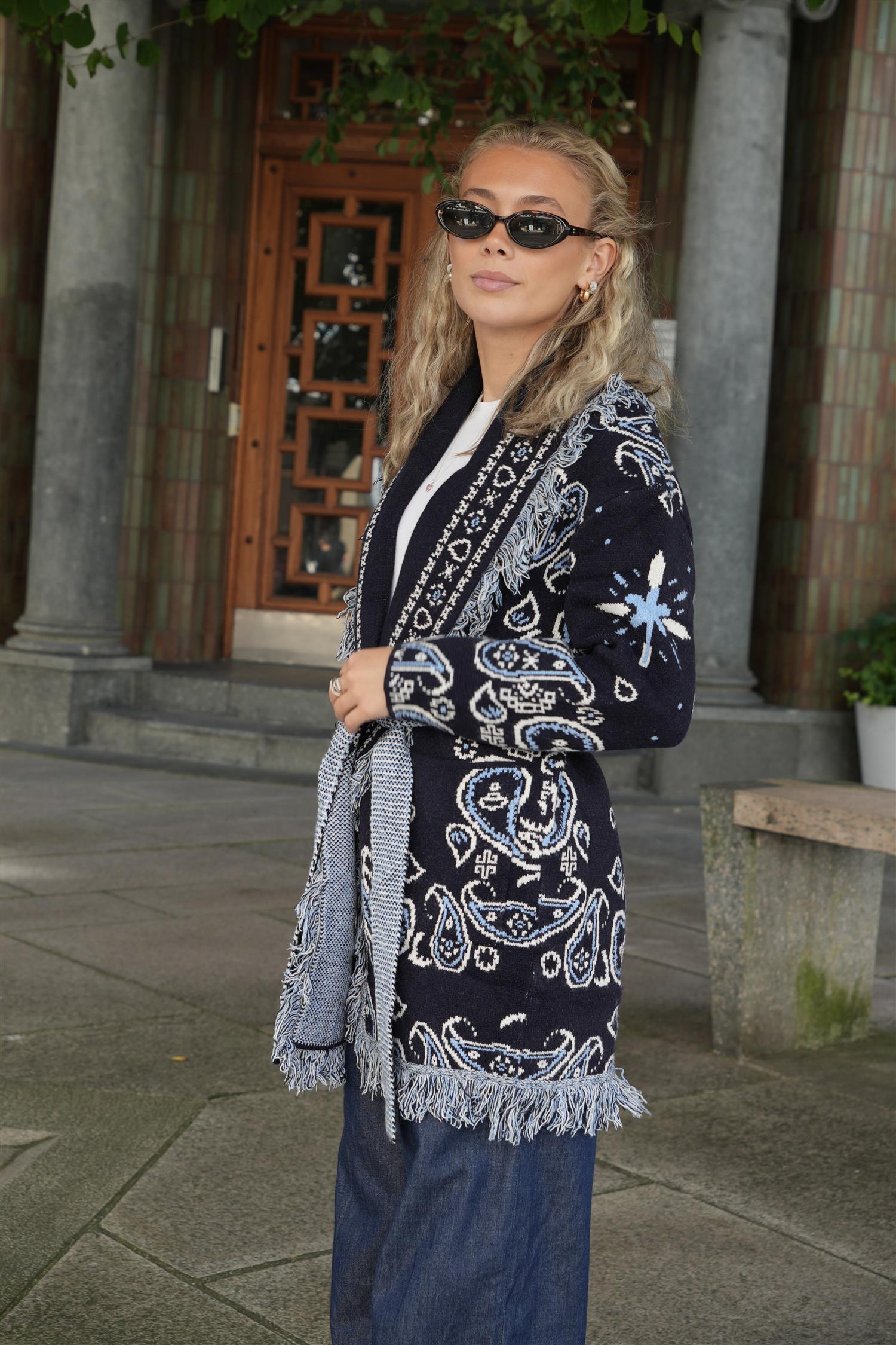 Long Fringed Paisley Jacket - Navy