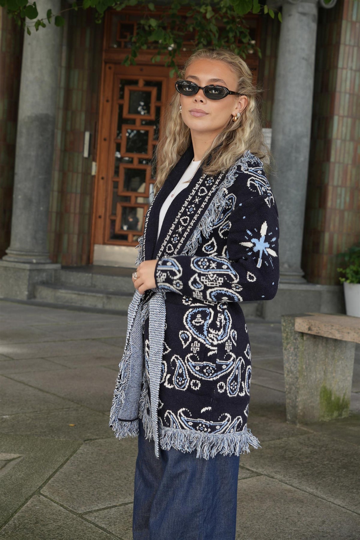 Long Fringed Paisley Jacket - Navy
