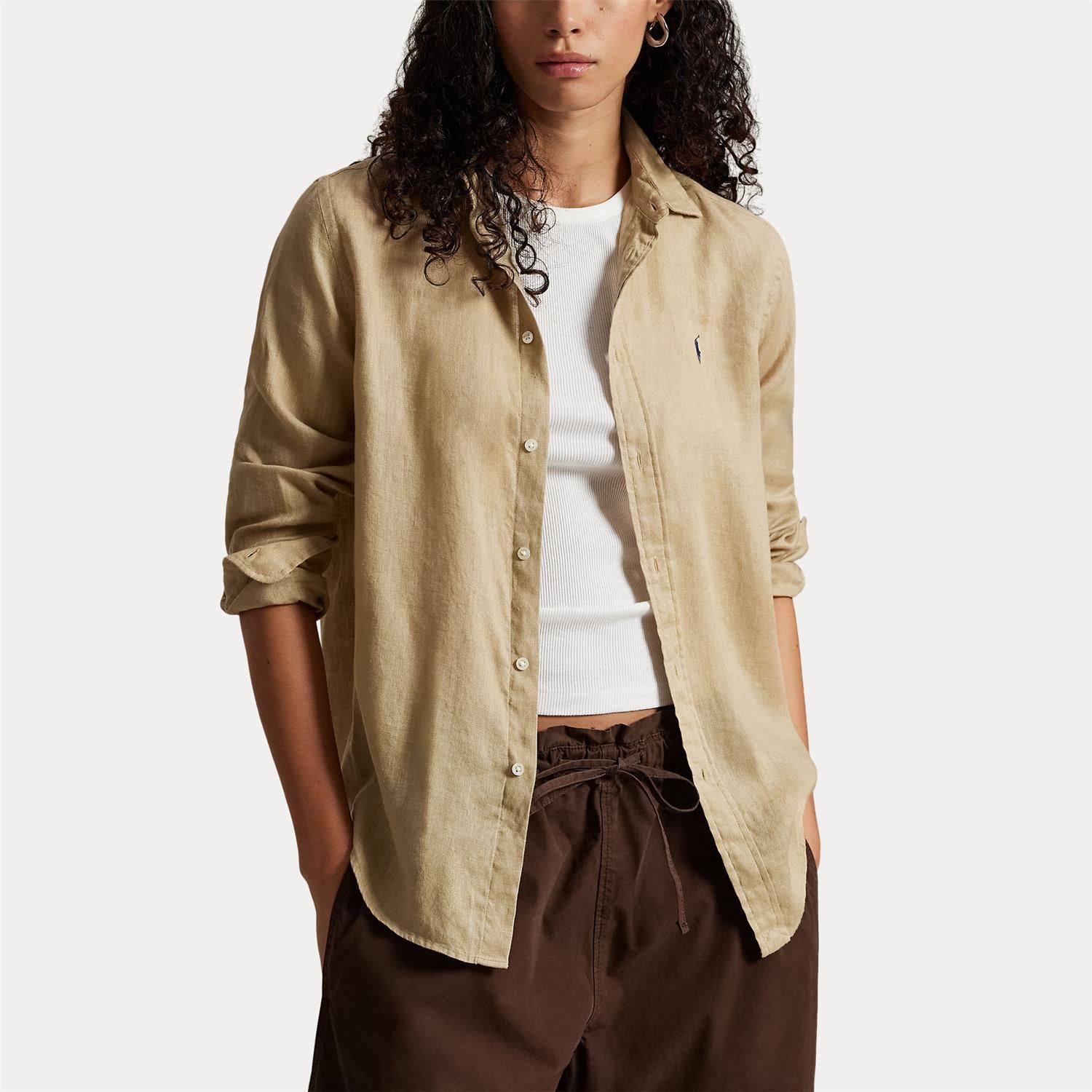 Classic-Long Sleeve-Button Front Shirt Beige