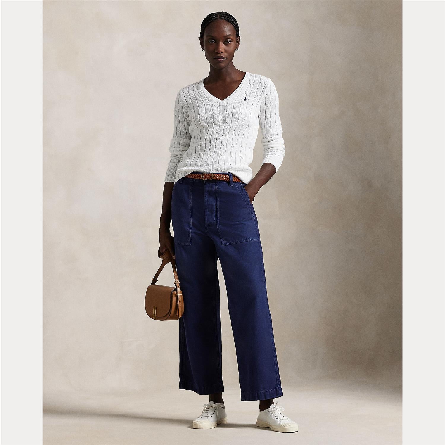 Cable Knit Cotton V-Neck Sweater White