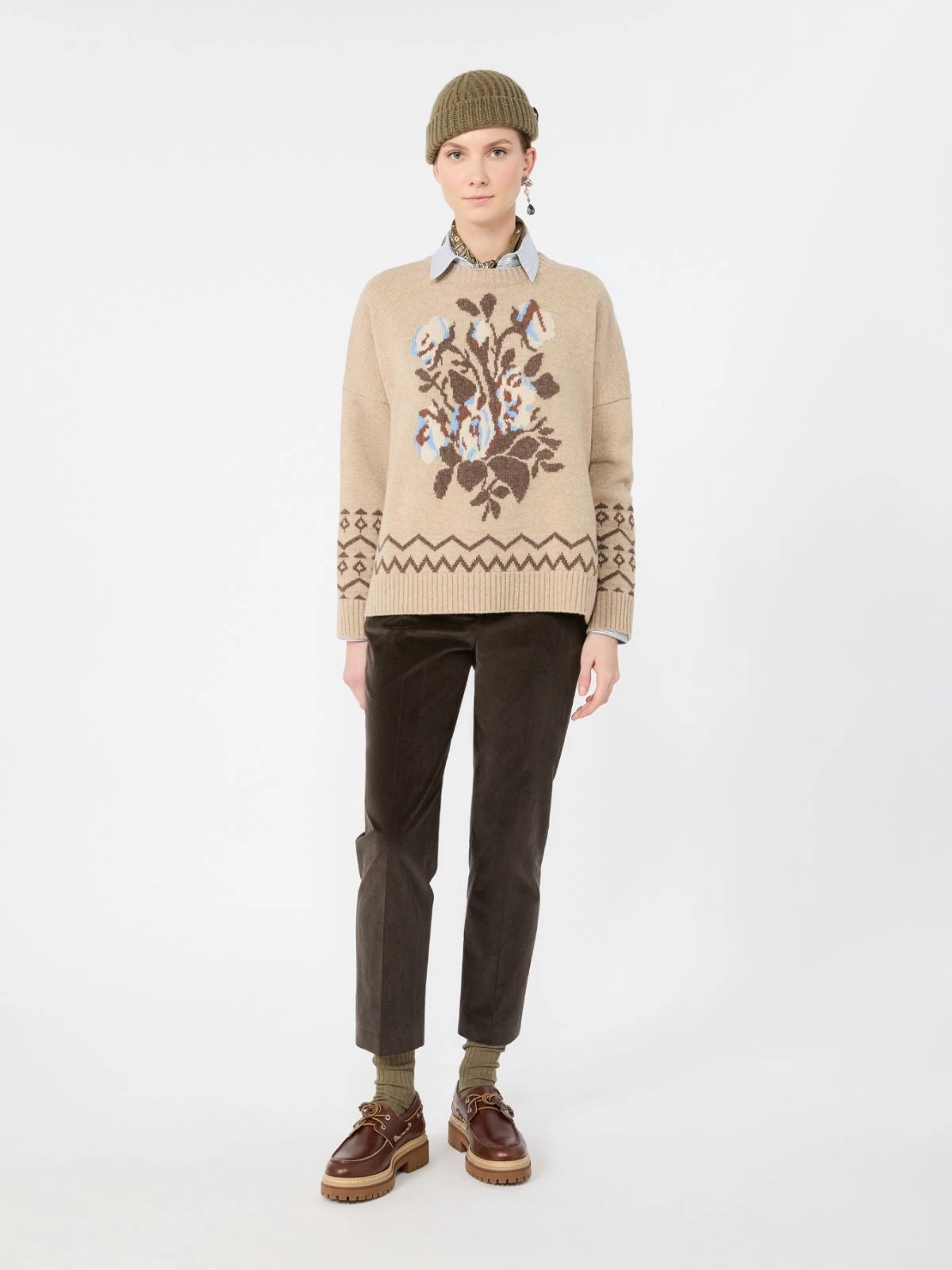 Cotton velvet cropped trousers - Dark brown