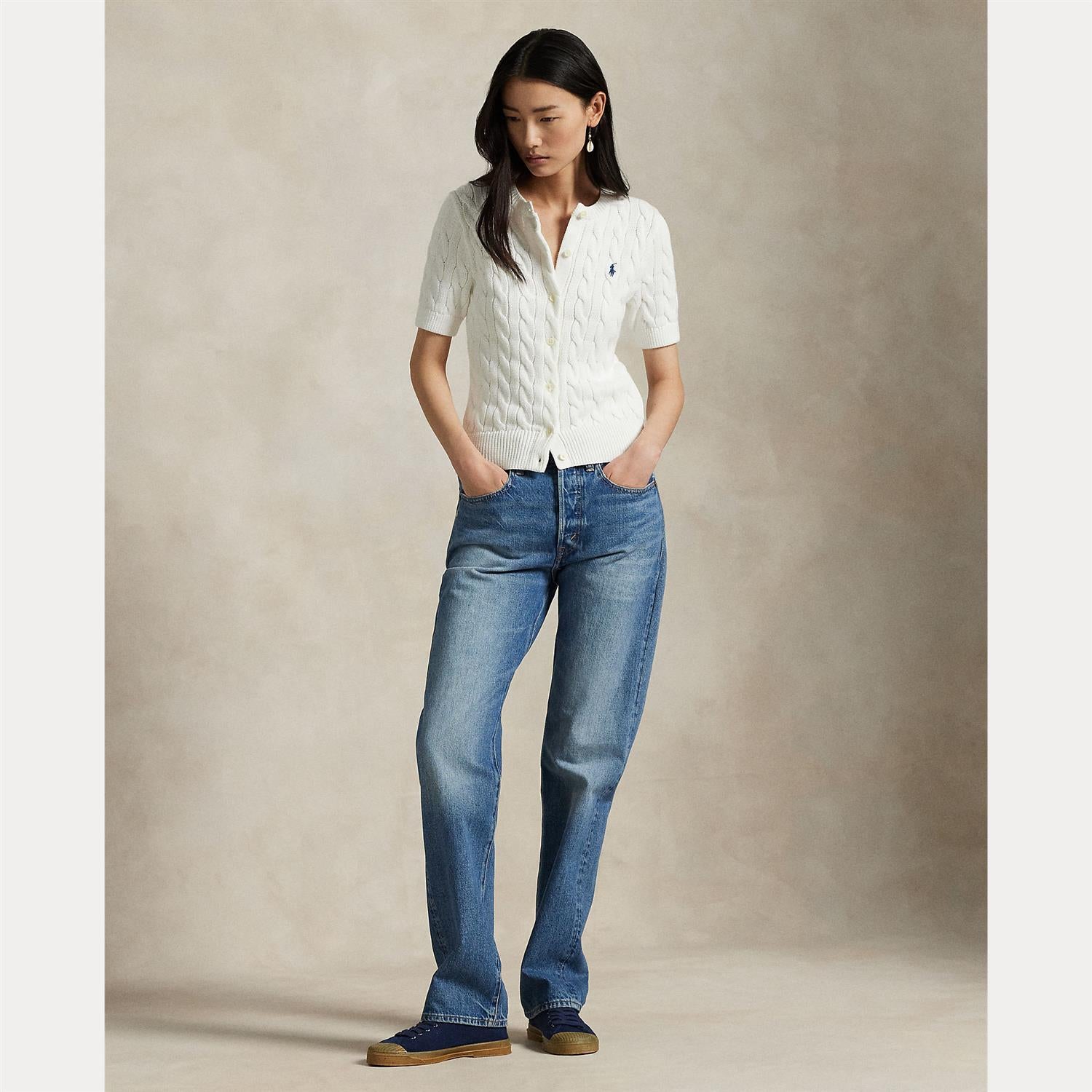 Cable-Knit Cotton Short-Sleeve Cardigan White