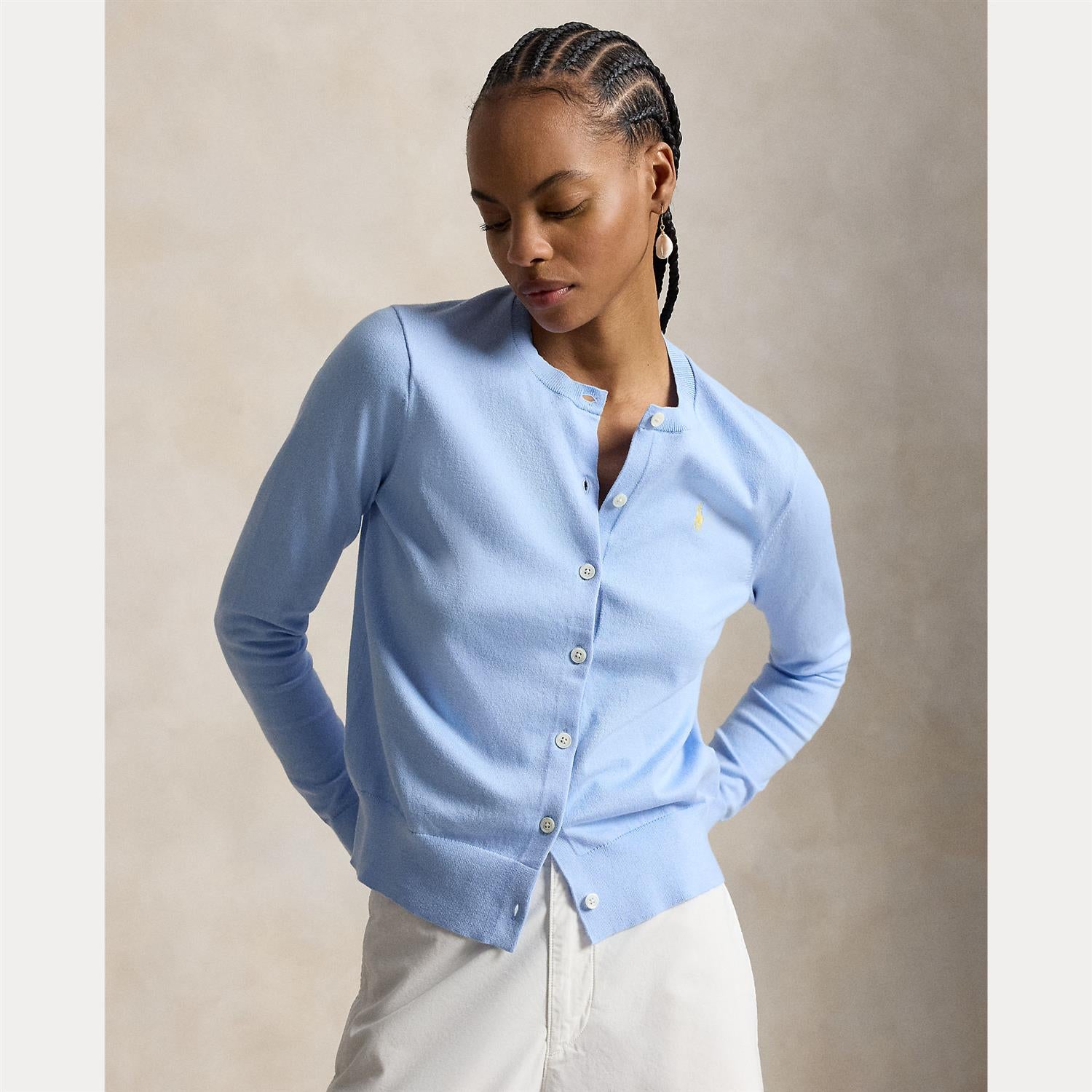 Stretch Cotton-Blend Crewneck Cardigan Baby Blue