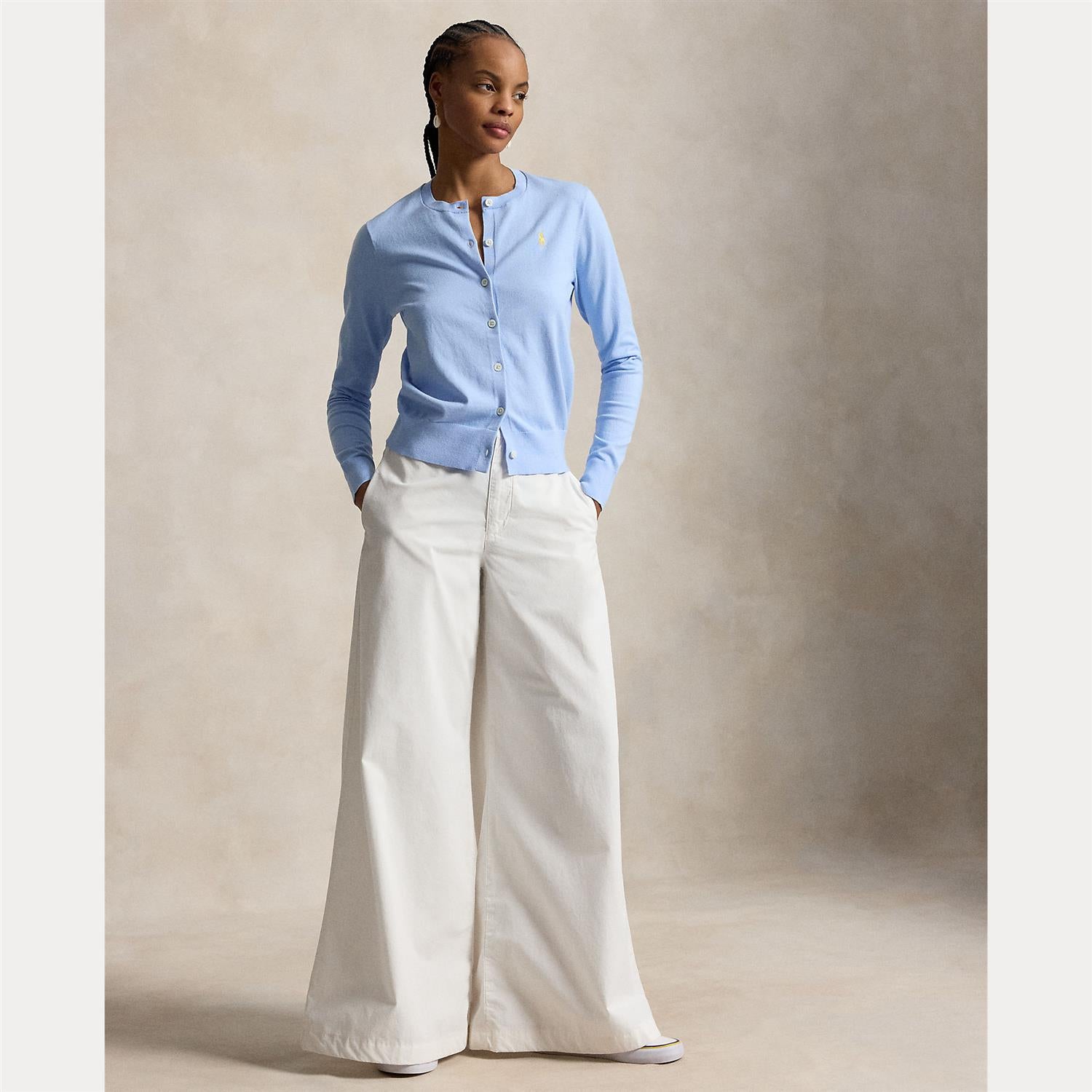 Stretch Cotton-Blend Crewneck Cardigan Baby Blue