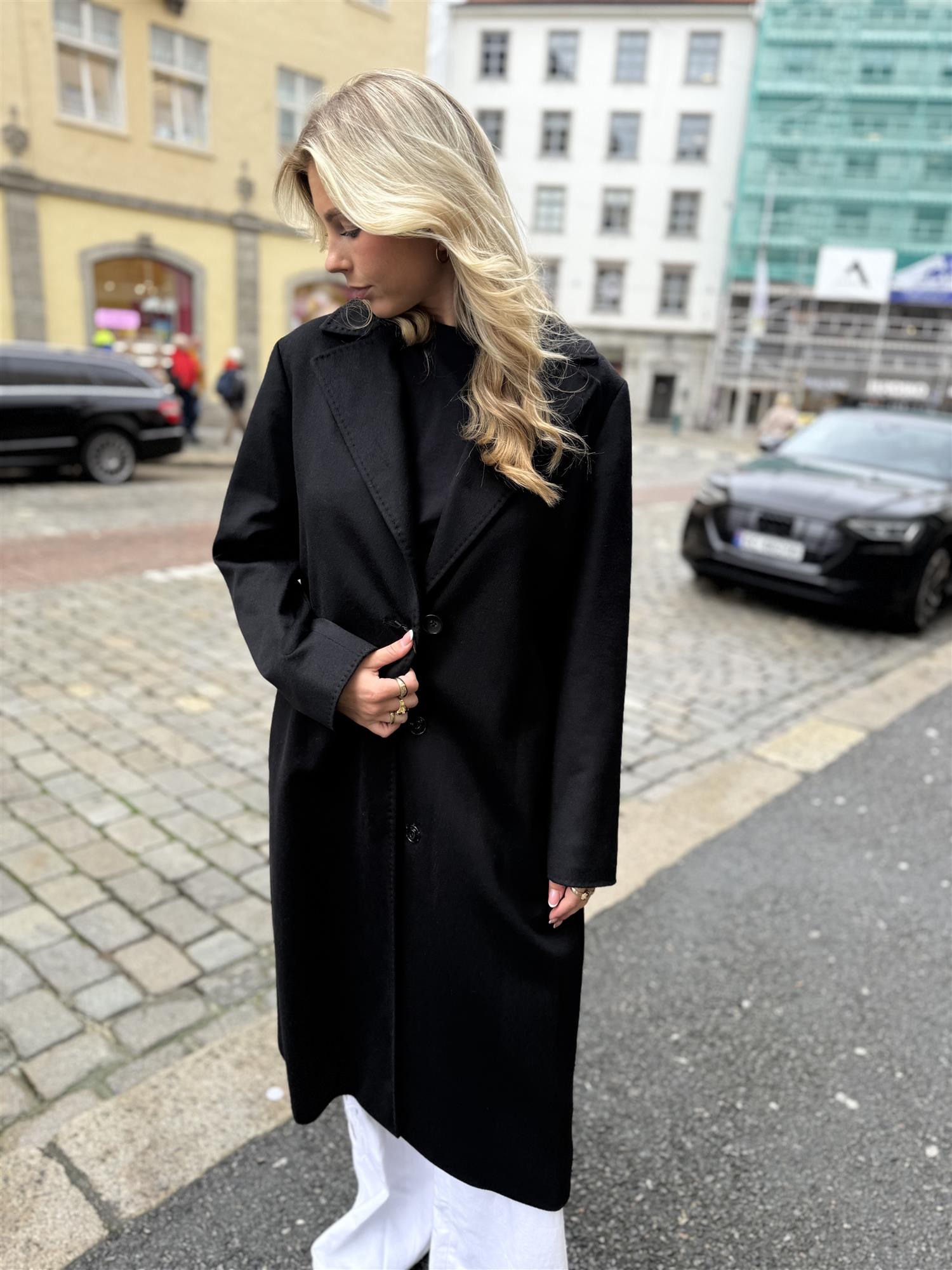 Long Coat Black Belt and Buttons