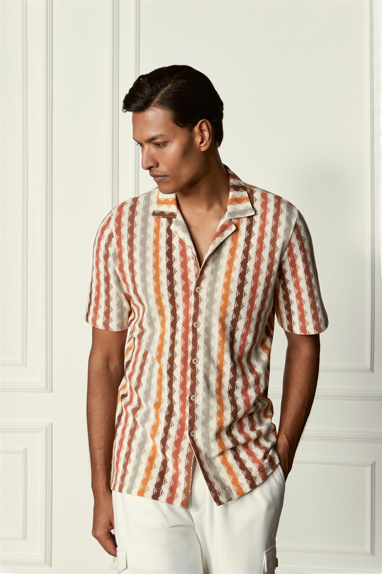Striped Resort Shirt - Orange/White