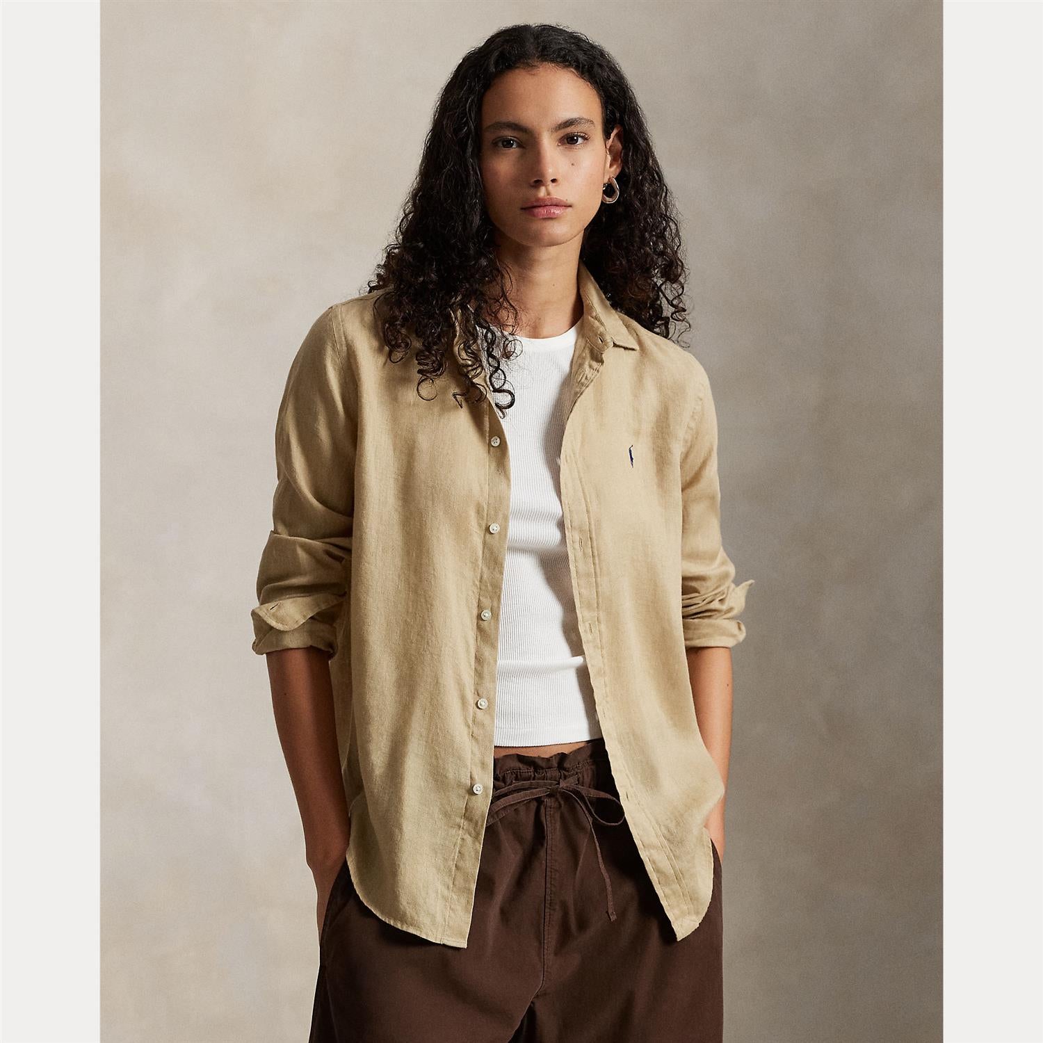 Classic-Long Sleeve-Button Front Shirt Beige