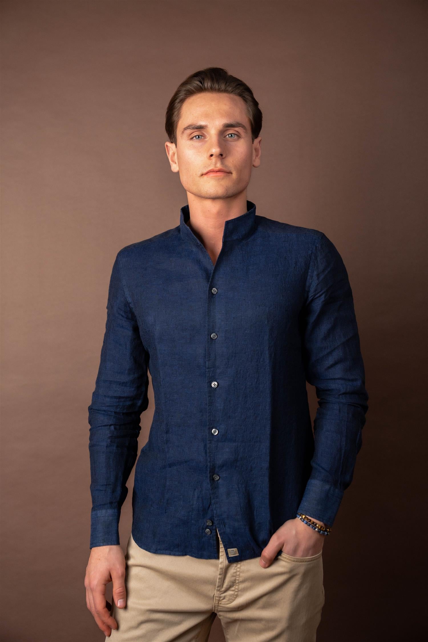 No Collar Linen - Navy