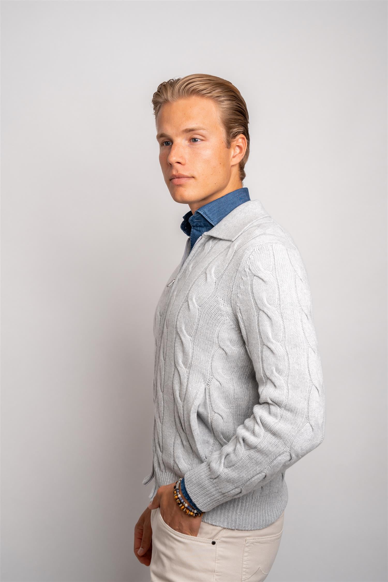 Full Zip Cable - Beige/Grey