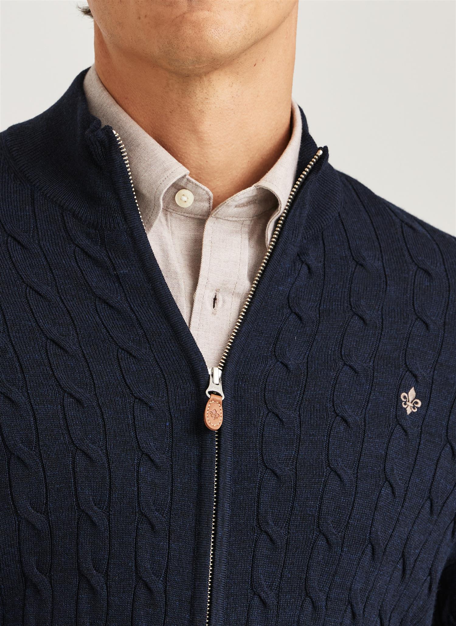 Merino Cable Zip Cardigan - Navy