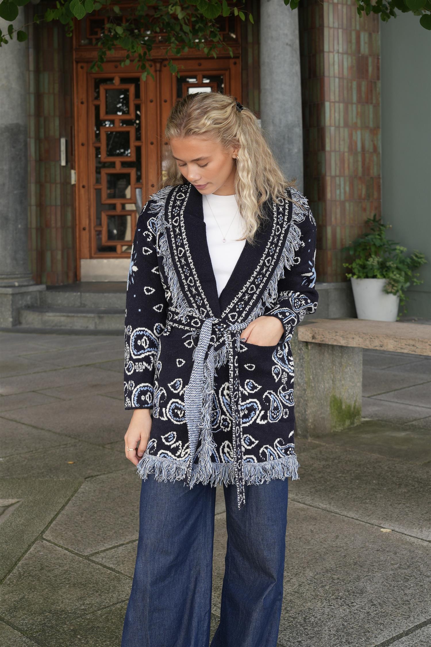 Long Fringed Paisley Jacket - Navy