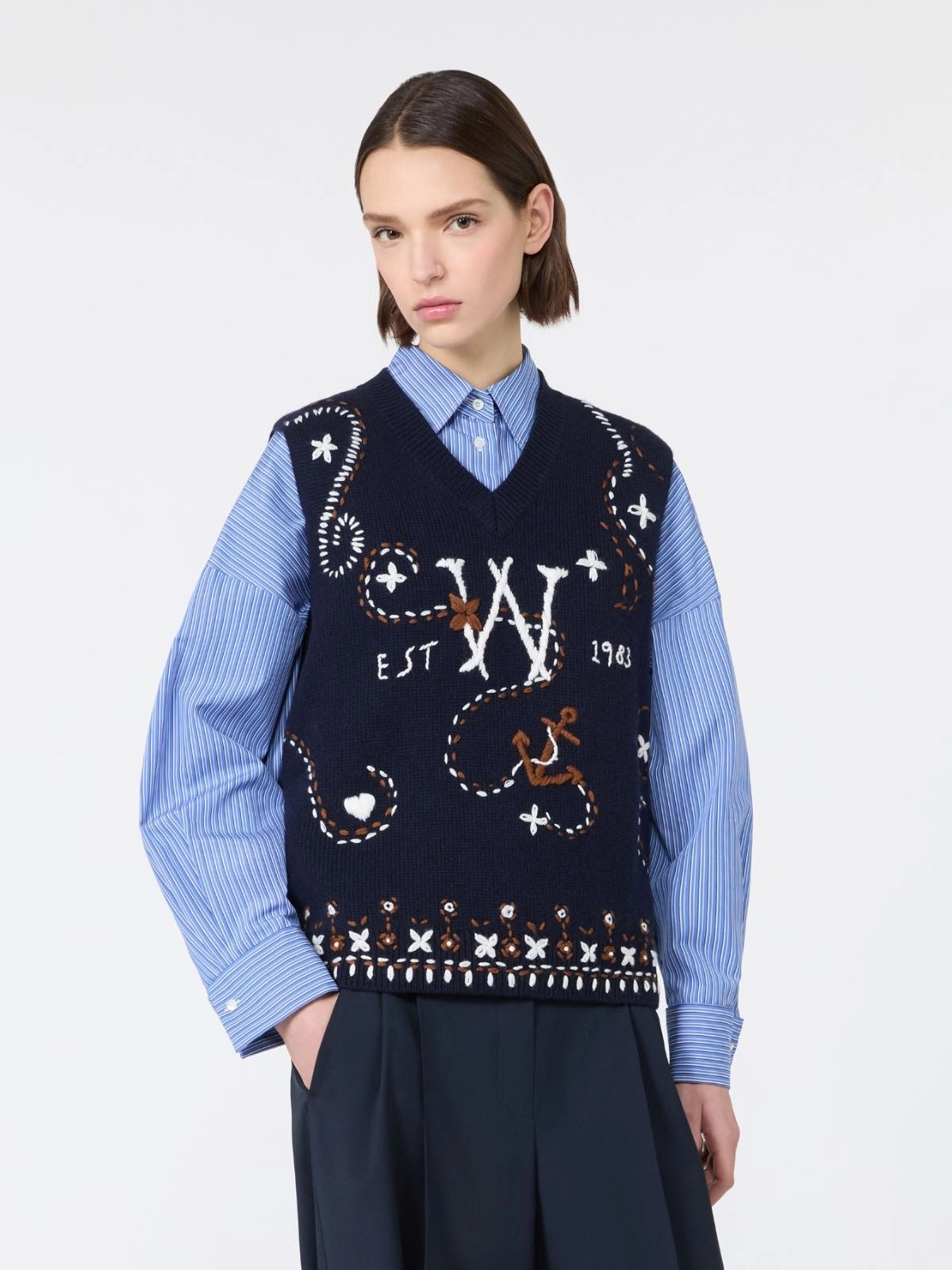 Wool Gilet with Embroidery – Ultramarine