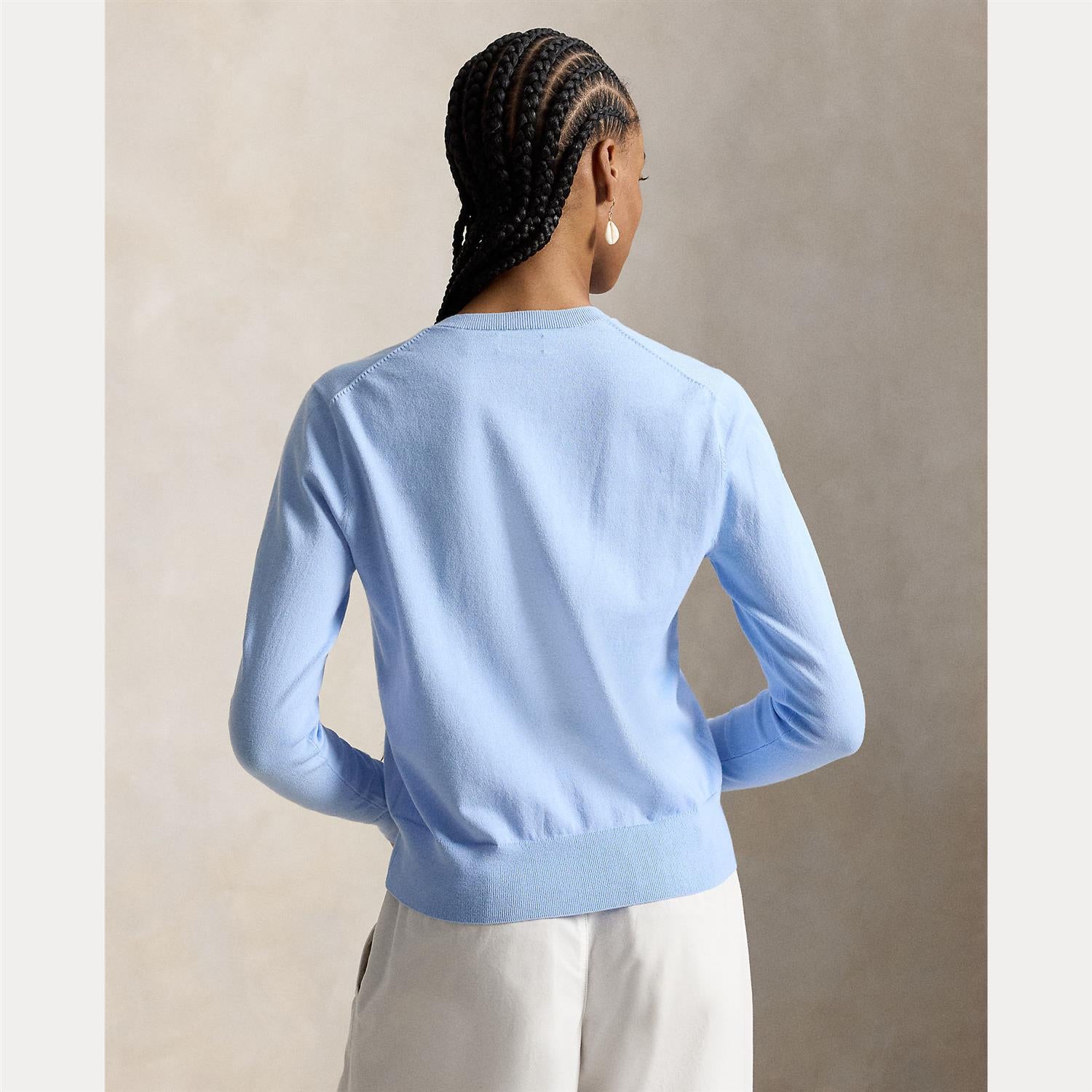Stretch Cotton-Blend Crewneck Cardigan Baby Blue