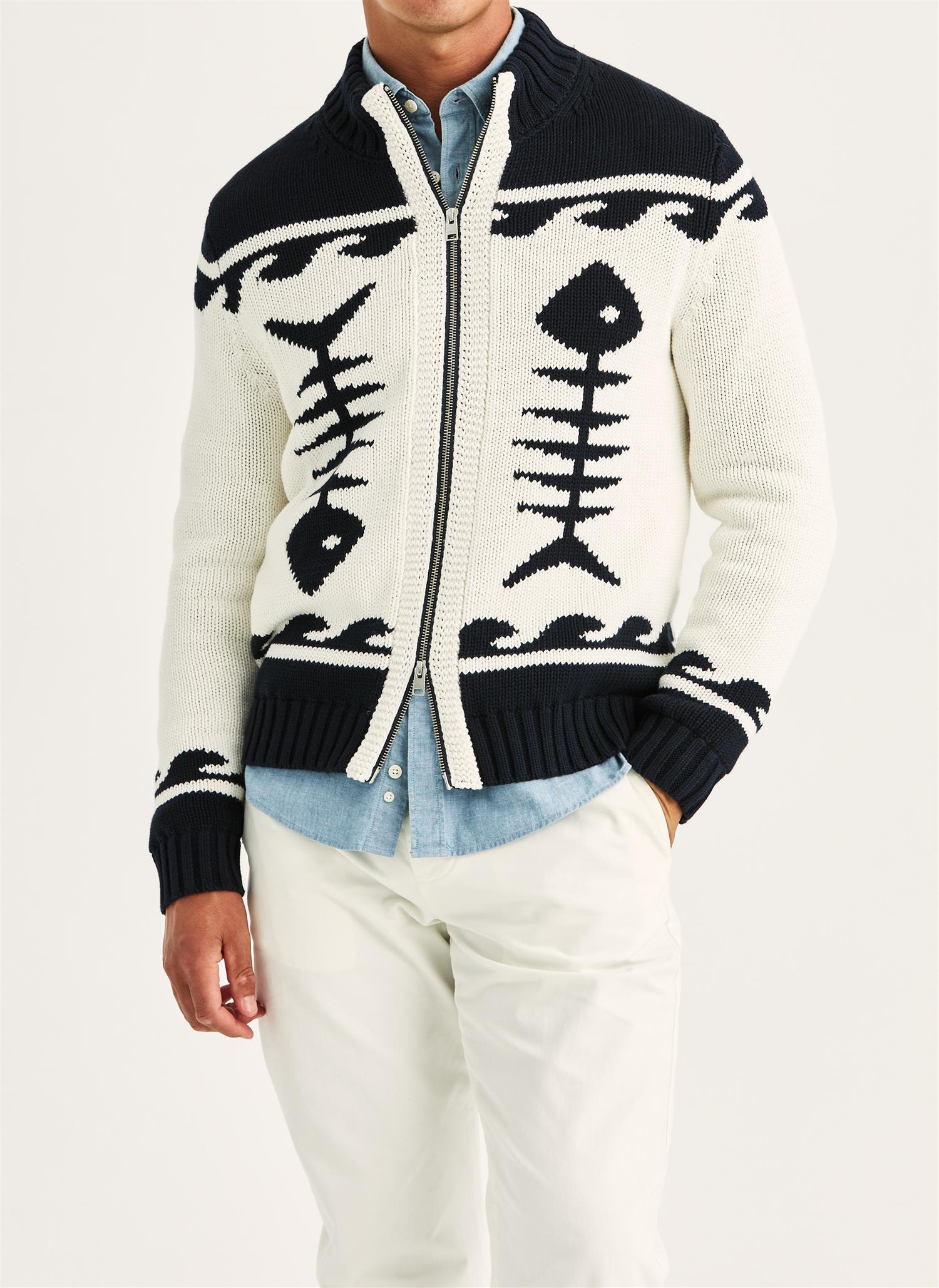 Fishbone Knitted Zip Jacket - Off White/Navy