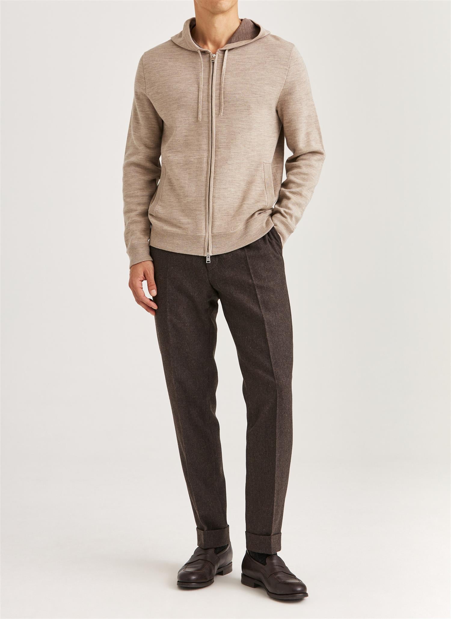 Merino Double Zip Hood - Khaki