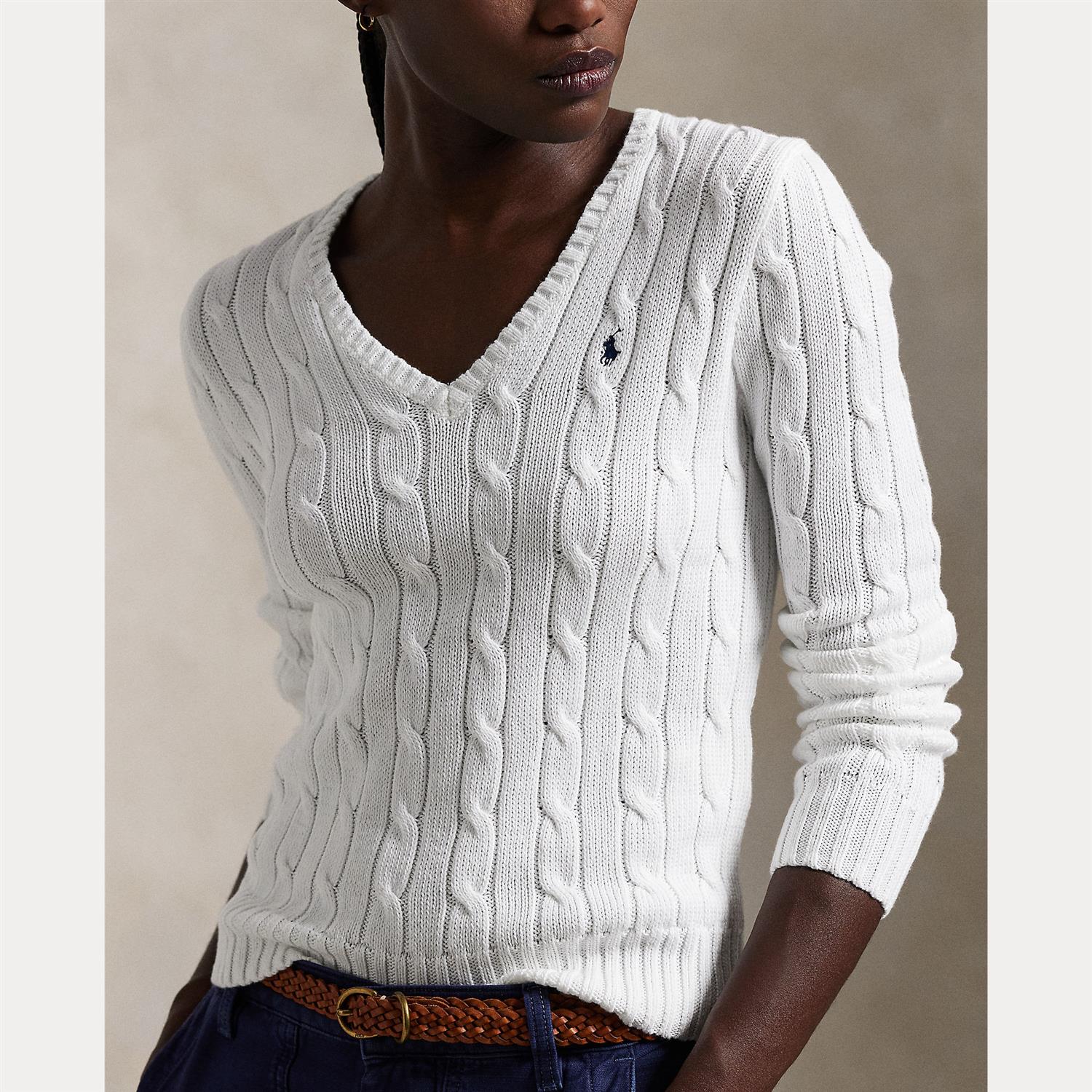 Cable Knit Cotton V-Neck Sweater White