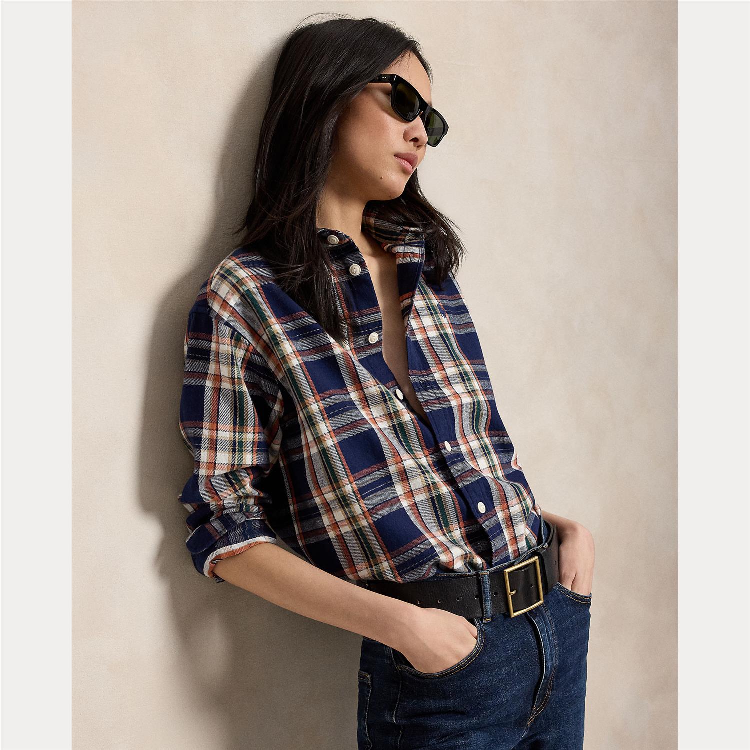 Relaxed Fit Plaid Cotton Shirt – Navy/Orange Multi