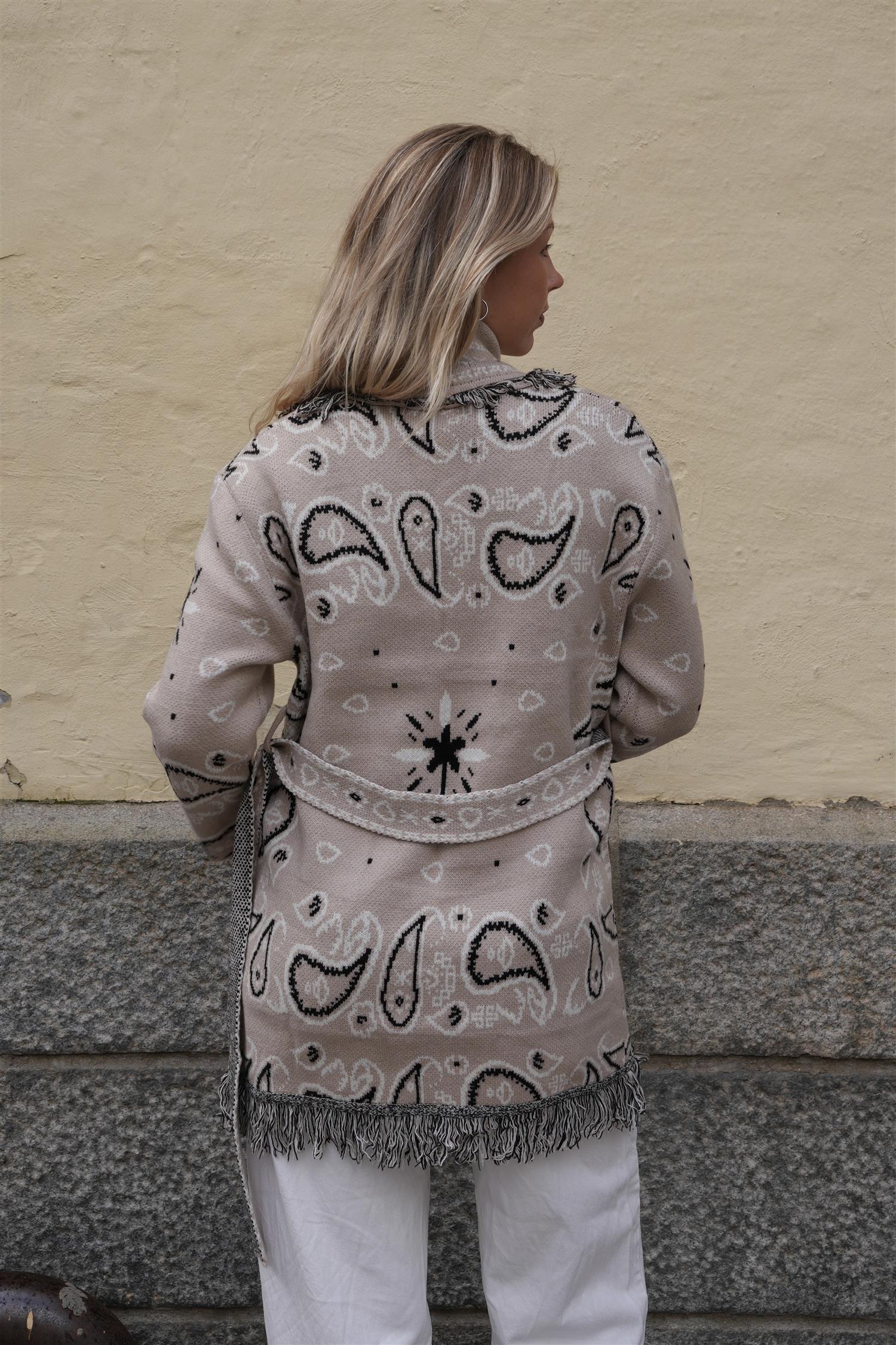 Long Fringed Paisley Jacket - Beige