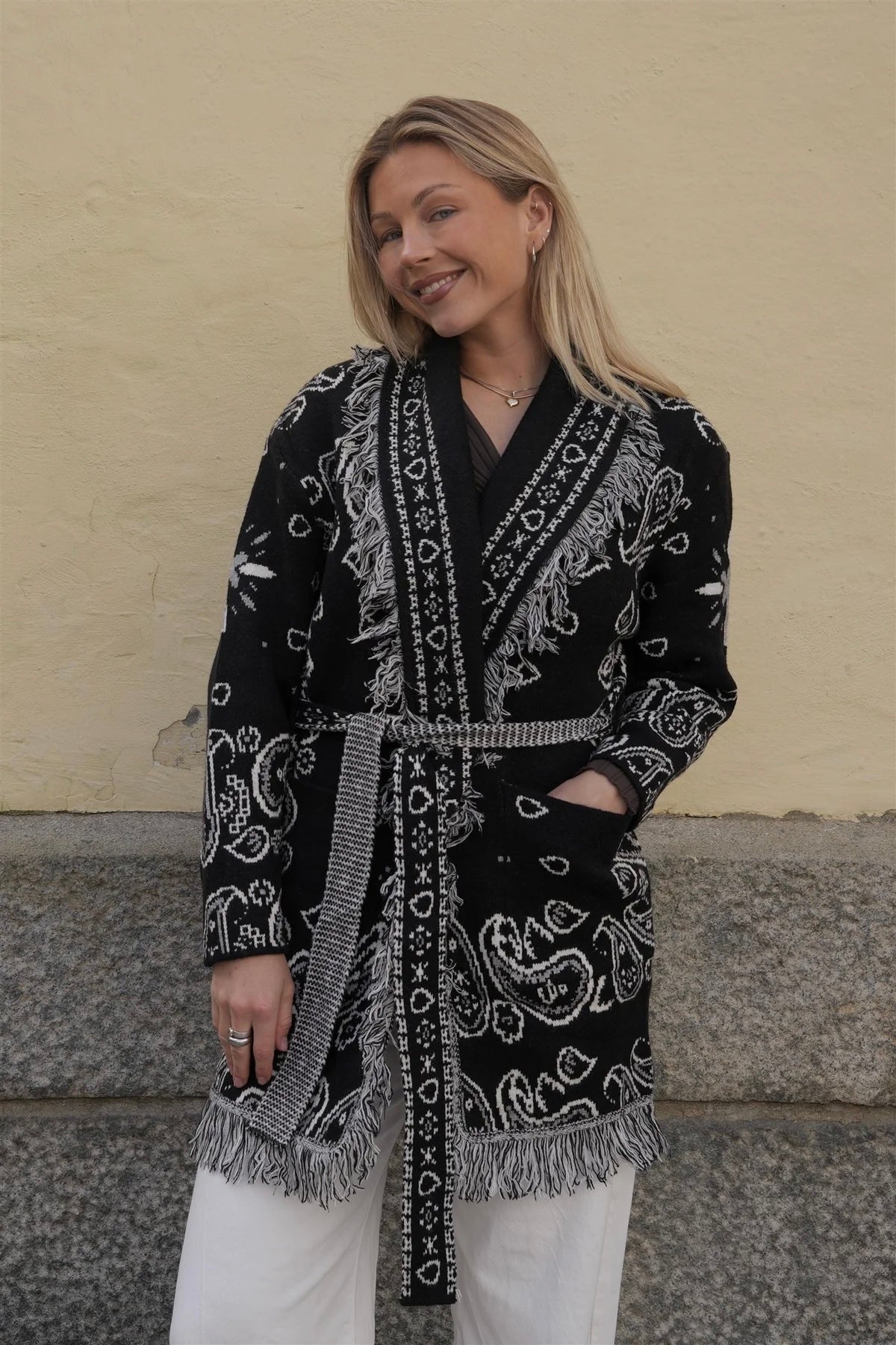 Long Fringed Paisley Jacket - Black