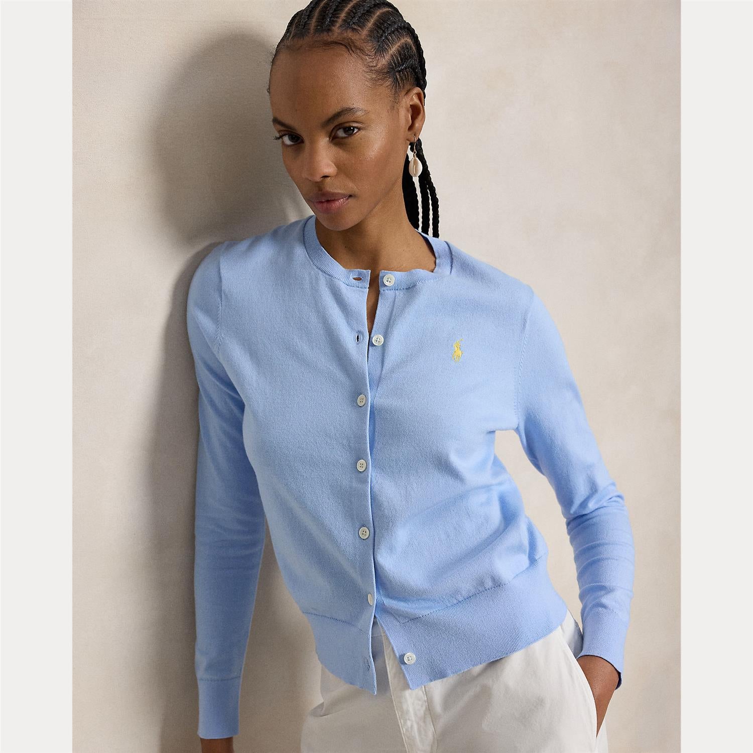 Stretch Cotton-Blend Crewneck Cardigan Baby Blue