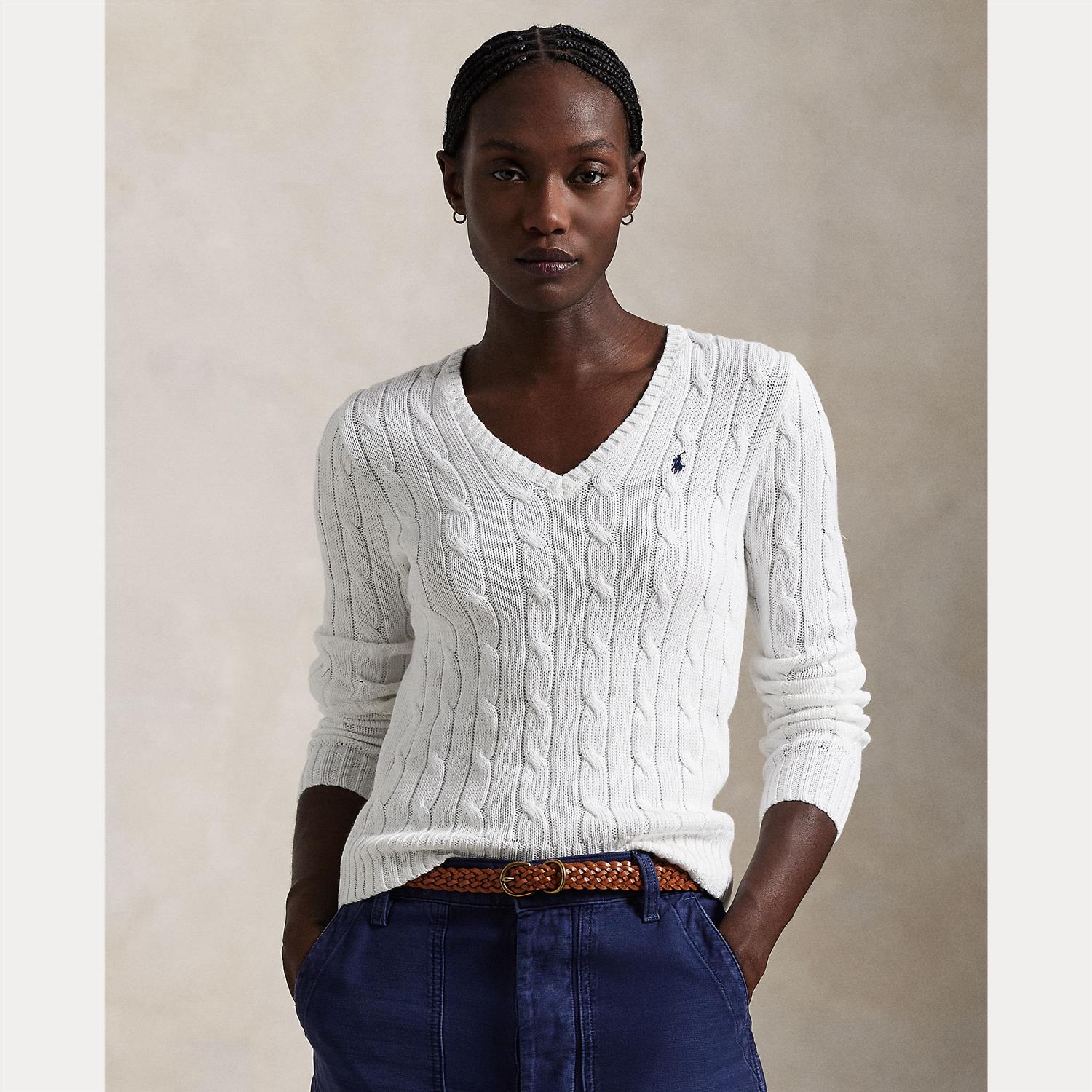 Cable Knit Cotton V-Neck Sweater White