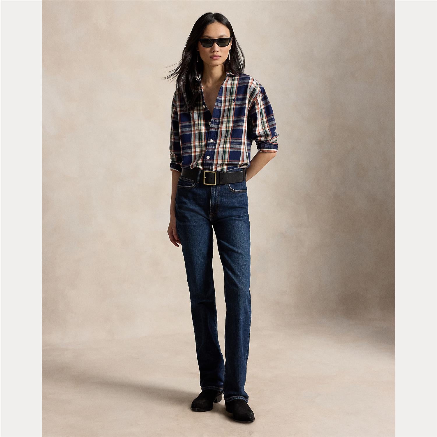 Relaxed Fit Plaid Cotton Shirt – Navy/Orange Multi