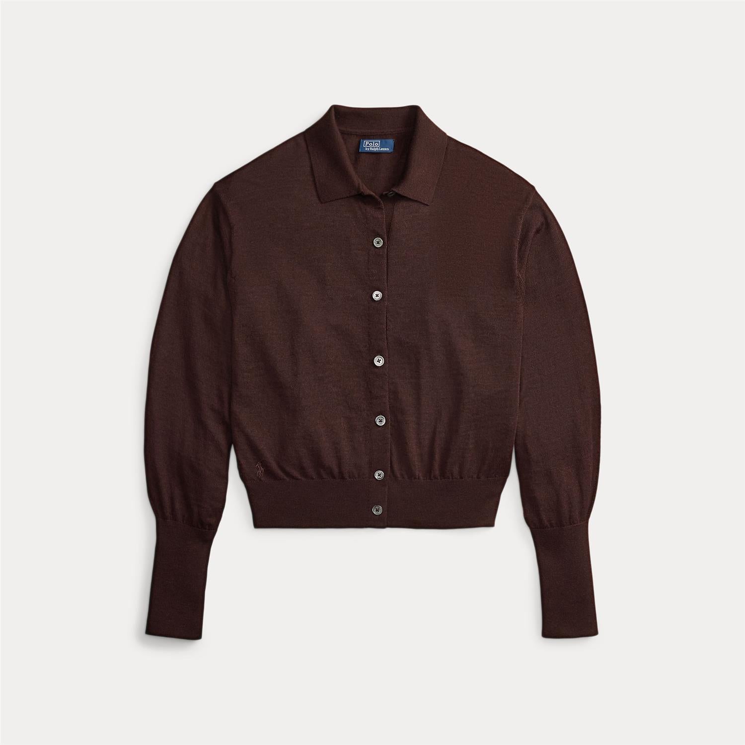 Polo-Collar Wool Blouson Cardigan Deep Chocolate Melange